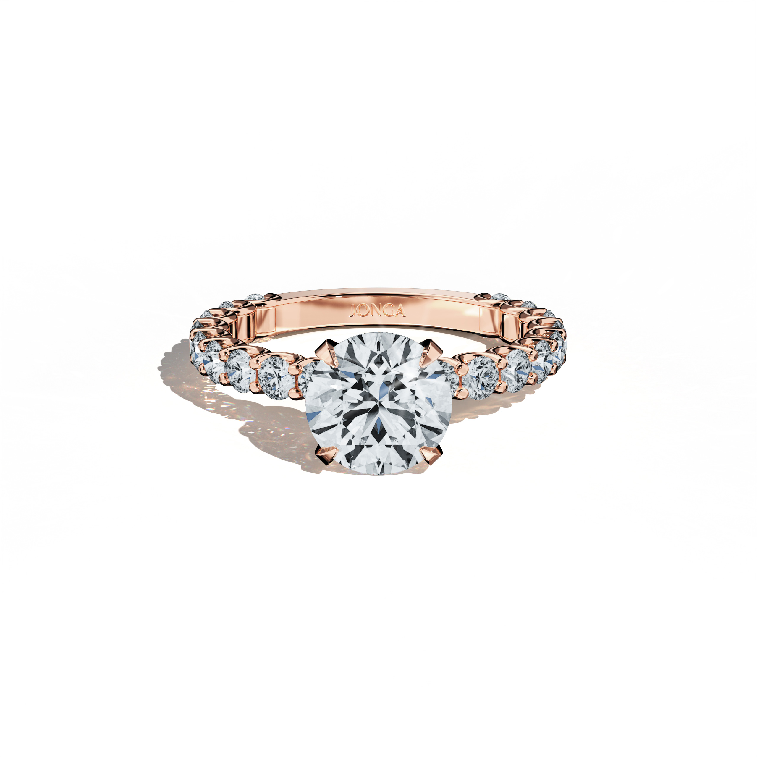Sleeping front top view of a розовое золото solitaire Eternity кольцо, showcasing a dazzling 2 ct center/centre бриллиант and 1.30 ct side бриллианты in a four-nail prong setting. A fine jewelry/fine jewellery statement, perfect as an engagement кольцо, eternity band, or wedding кольцо. Its warm rose hue complements both vintage and modern styles. Keywords: розовое золото, eternity кольцо, бриллиант band, engagement кольцо, wedding jewelry, bridal jewellery, 3.30 ct, romantic fine jewellery.