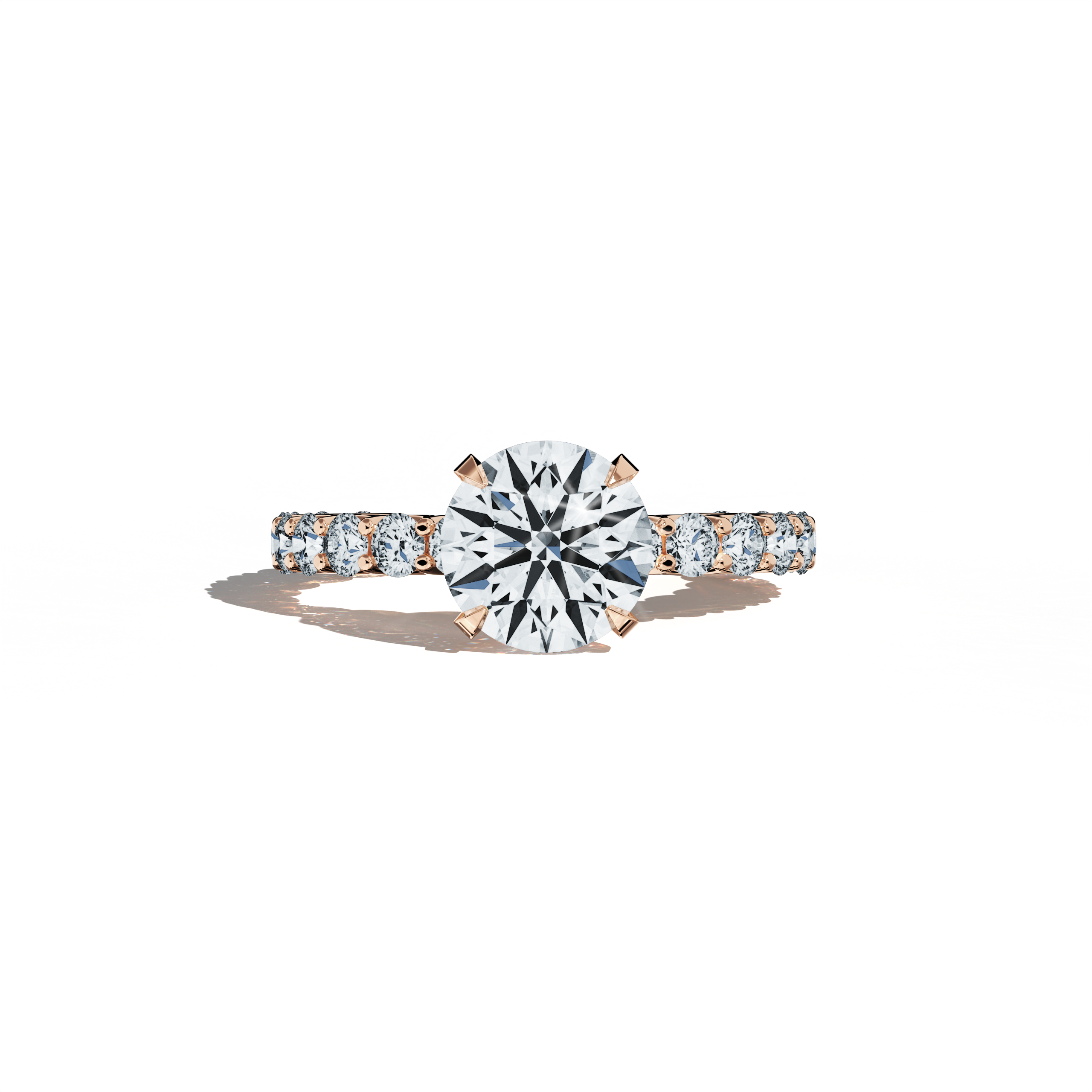 розовое золото solitaire Eternity кольцо featuring a mesmerizing 2 ct center/centre бриллиант and 1.30 ct side бриллианты in a four-nail prong setting. This front-facing sleeping view highlights its romantic blush tone, making it a sought-after solitaire кольцо, eternity band, or engagement кольцо. A cherished fine jewelry/fine jewellery piece for weddings or anniversaries. Keywords: розовое золото, бриллиант eternity кольцо, bridal jewelry/jewellery, wedding band, luxury, 3.30 ct, timeless elegance.