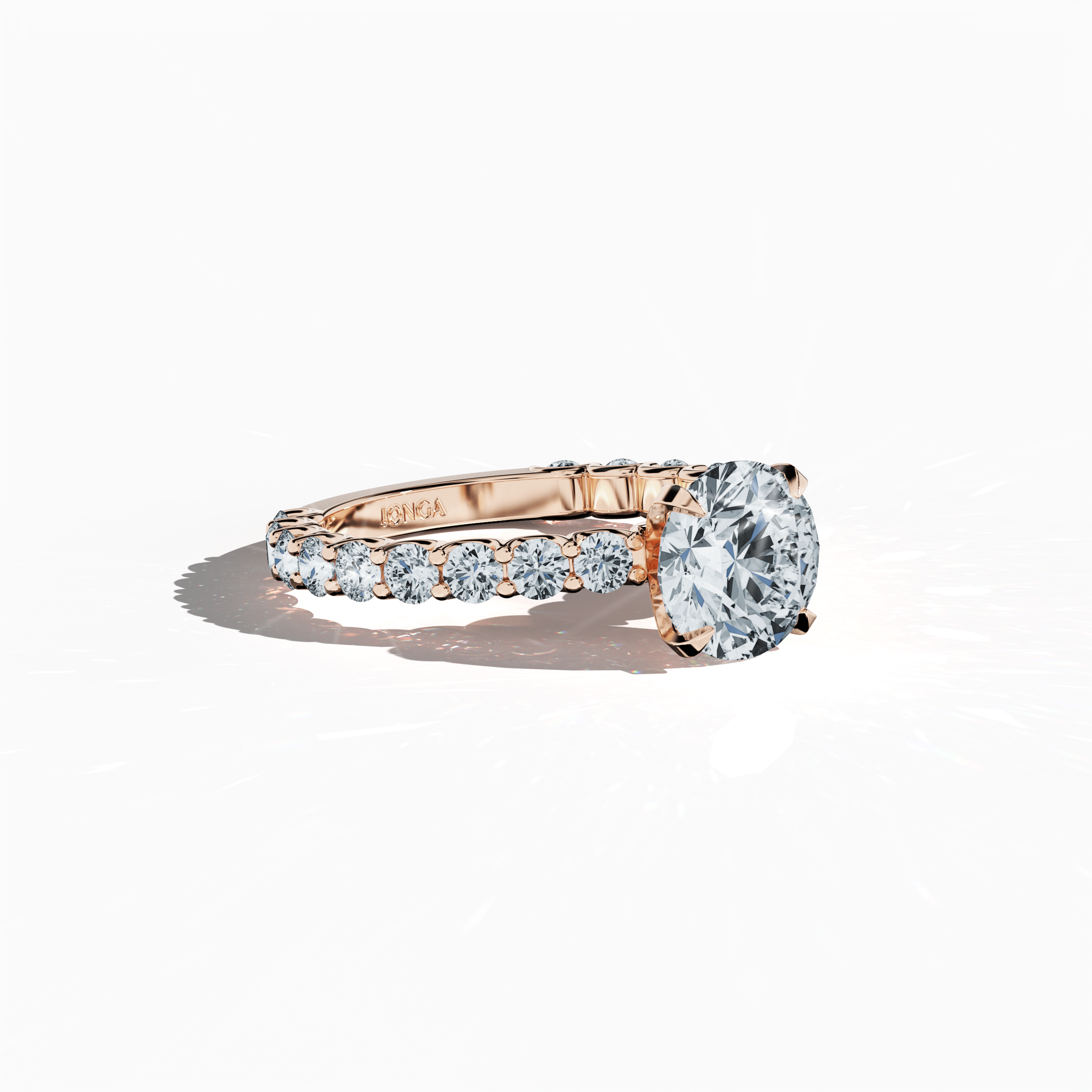 Side profile of a розовое золото solitaire Eternity ring, showcasing a breathtaking 2 карат center/centre diamond and 1.30 карат side diamonds in a four-nail prong setting. The delicate curvature enhances its elegance, making it ideal as an engagement, bridal, or anniversary Украшения/Ювелирные изделия piece. Keywords: розовое золото, solitaire, diamond eternity band, luxury ring, wedding band, fine Ювелирные изделия, 3.30 карат, high-end design, timeless beauty.