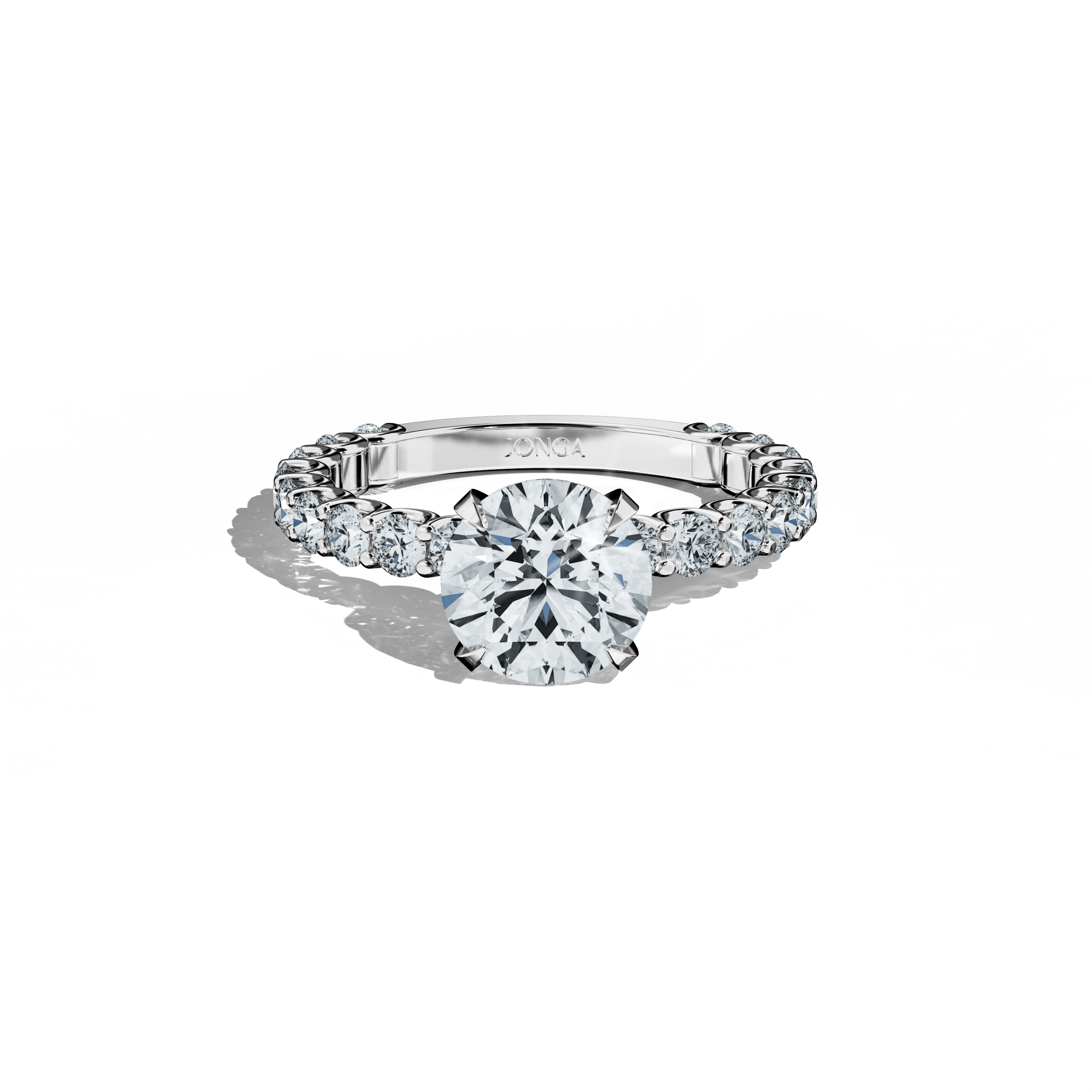 Sleeping front top view of a белое золото solitaire Eternity ring, featuring a dazzling 2 карат center/centre diamond and 1.30 карат side diamonds in a four-nail prong setting. This diamond eternity band is an ideal engagement, wedding, or luxury anniversary ring. Fine Украшения/fine Ювелирные изделия enthusiasts appreciate its timeless elegance. Keywords: белое золото, eternity ring, diamond band, engagement ring, wedding Украшения, bridal Ювелирные изделия, 3.30 карат, high-end diamond ring.