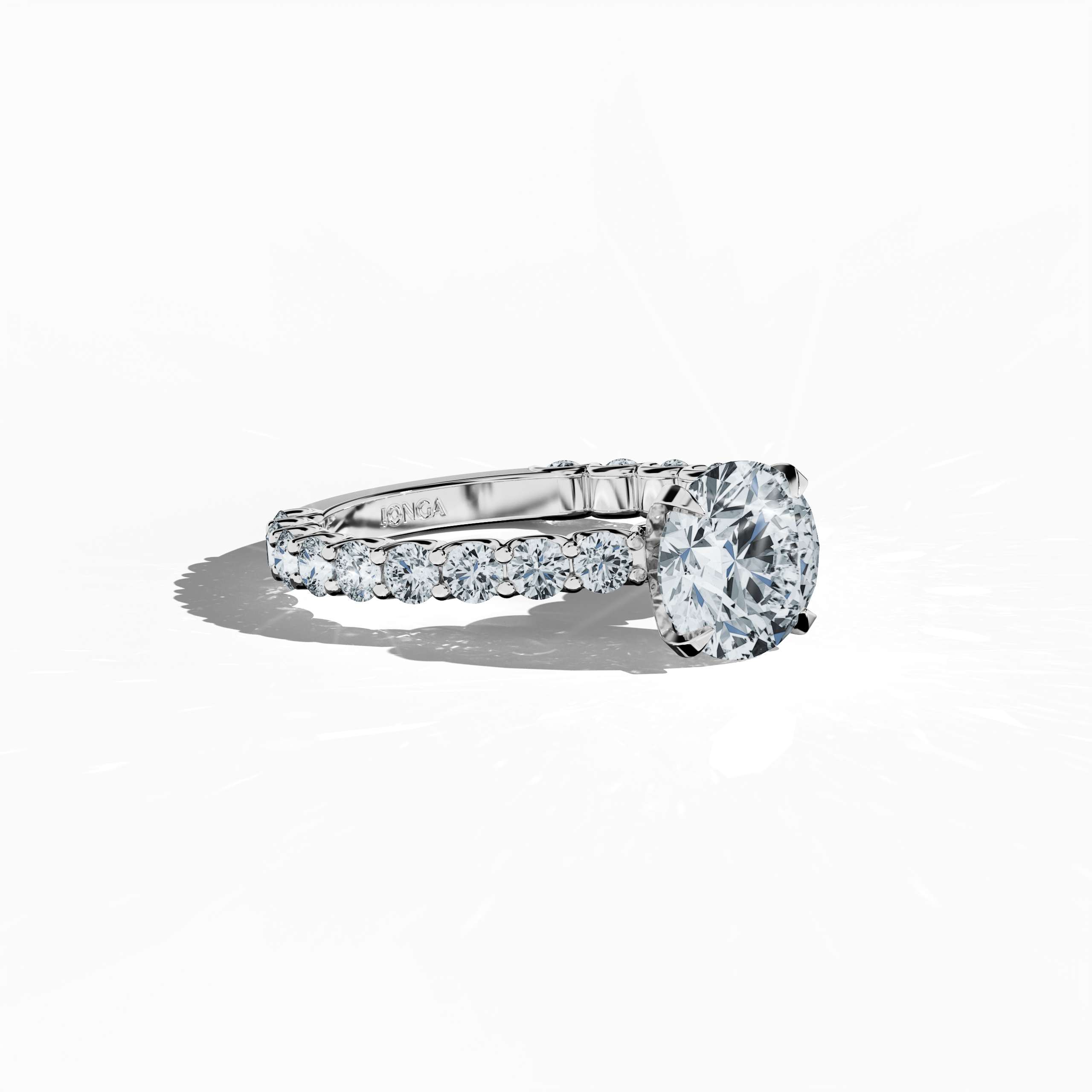 Side profile of a белое золото solitaire Eternity ring with a 2 карат center/centre diamond and 1.30 карат side diamonds, secured in a four-nail prong setting. This view highlights its graceful curvature and brilliance, making it a refined engagement, bridal, or anniversary Украшения/Ювелирные изделия choice. Keywords: белое золото, solitaire, diamond eternity band, luxury ring, wedding ring, fine Ювелирные изделия, 3.30 карат, high-end craftsmanship.