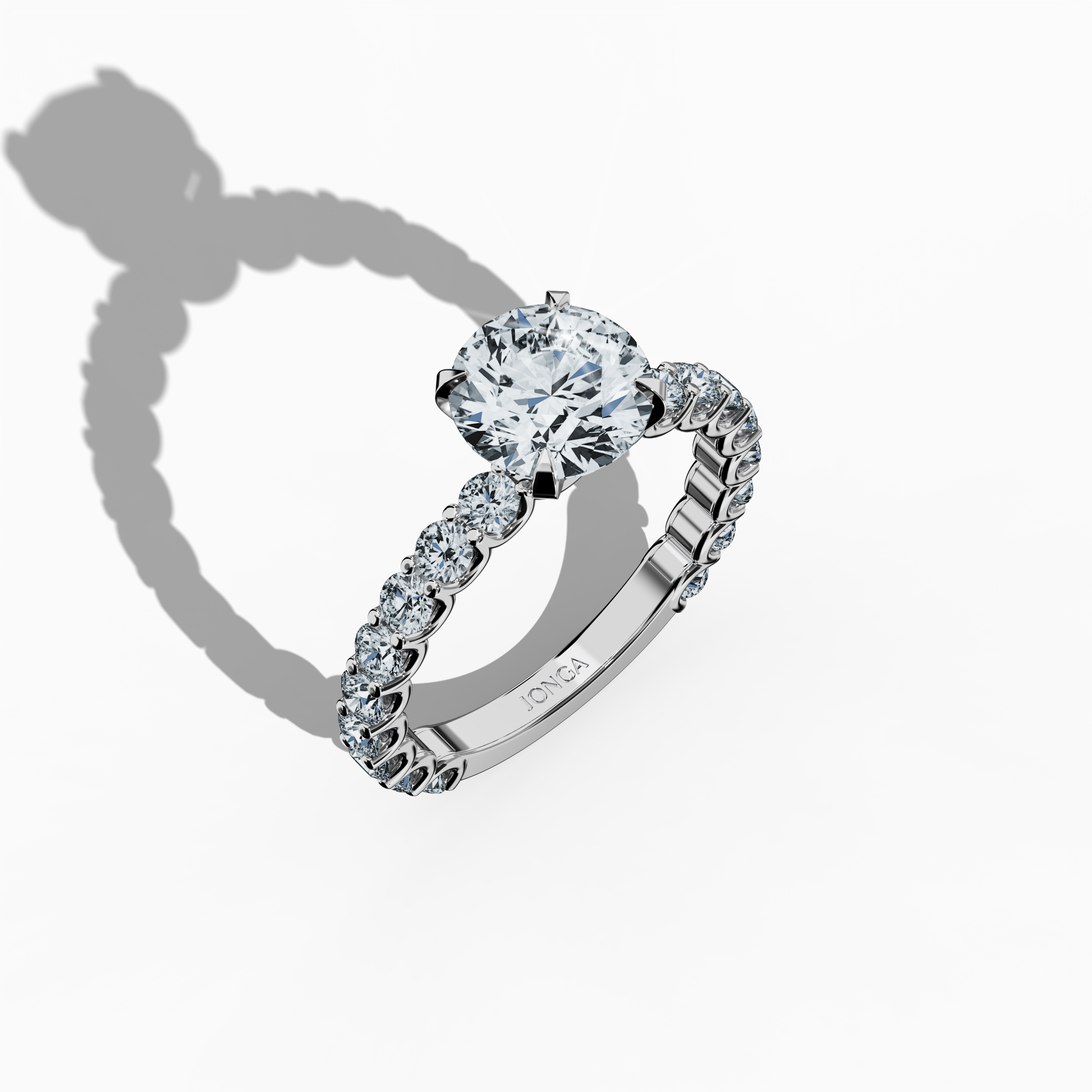 "Front top side view of a белое золото solitaire Eternity ring with a breathtaking 2 карат center/centre diamond and 1.30 карат side diamonds in a four-nail prong setting. This eternity band, wedding band, or engagement ring is a fine Украшения/fine Ювелирные изделия classic, perfect for bridal and anniversary collections. Keywords: белое золото, solitaire, eternity ring, bridal Украшения/Ювелирные изделия, luxury, diamond ring, 3.30 карат, elegant wedding band.
