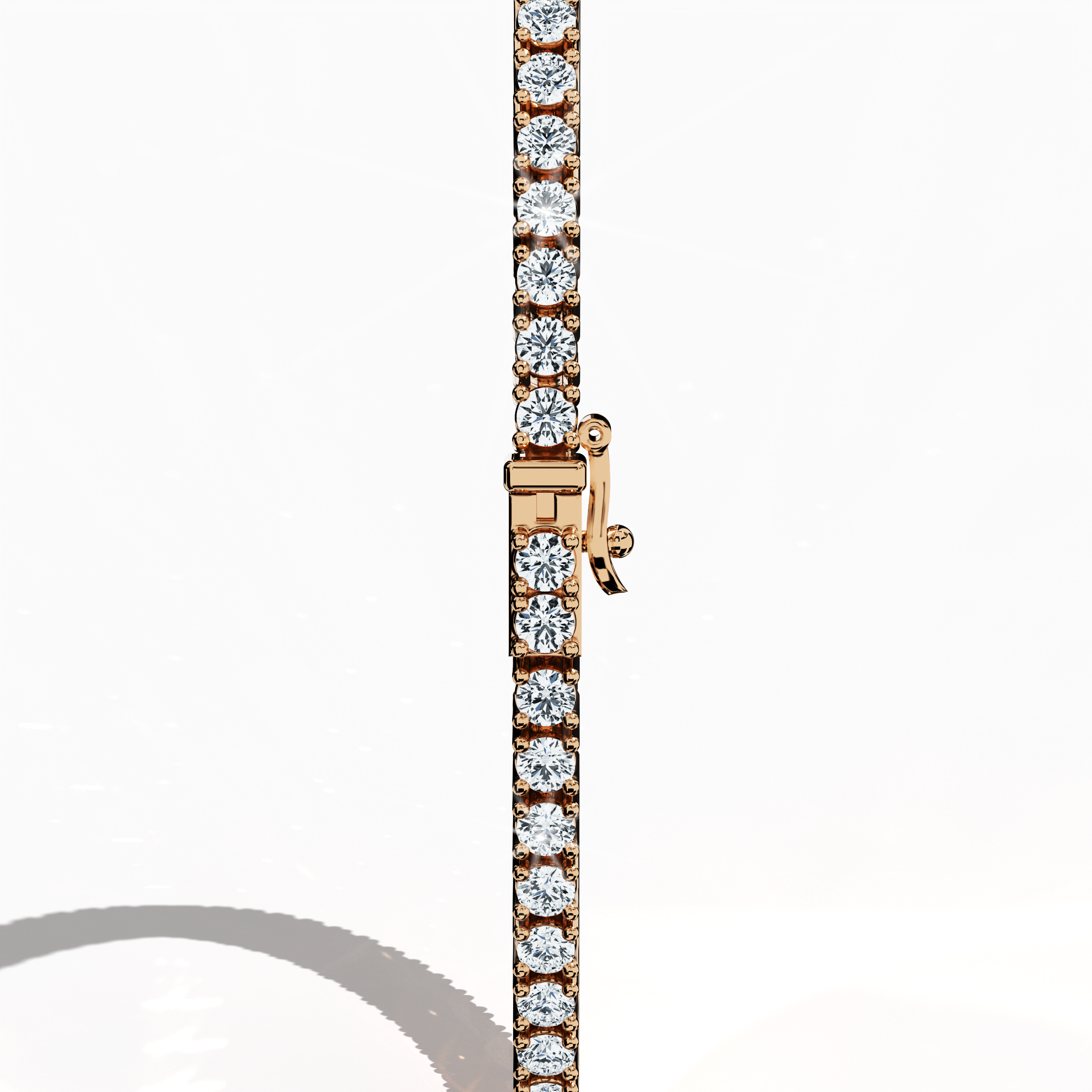In a standing back side view, this 3 carat diamond tennis bracelet in розовое золото (also referred to as pink gold or red gold) highlights its secure clasp and continuous row of round brilliant stones. Known as tennis bracelet, line bracelet, eternity bracelet, river bracelet, or inline bracelet, the four-prong design underscores each gem’s radiance. Perfect for refined statements. Keywords: diamond tennis bracelet, 3 carat, розовое золото, Украшения, prong setting.