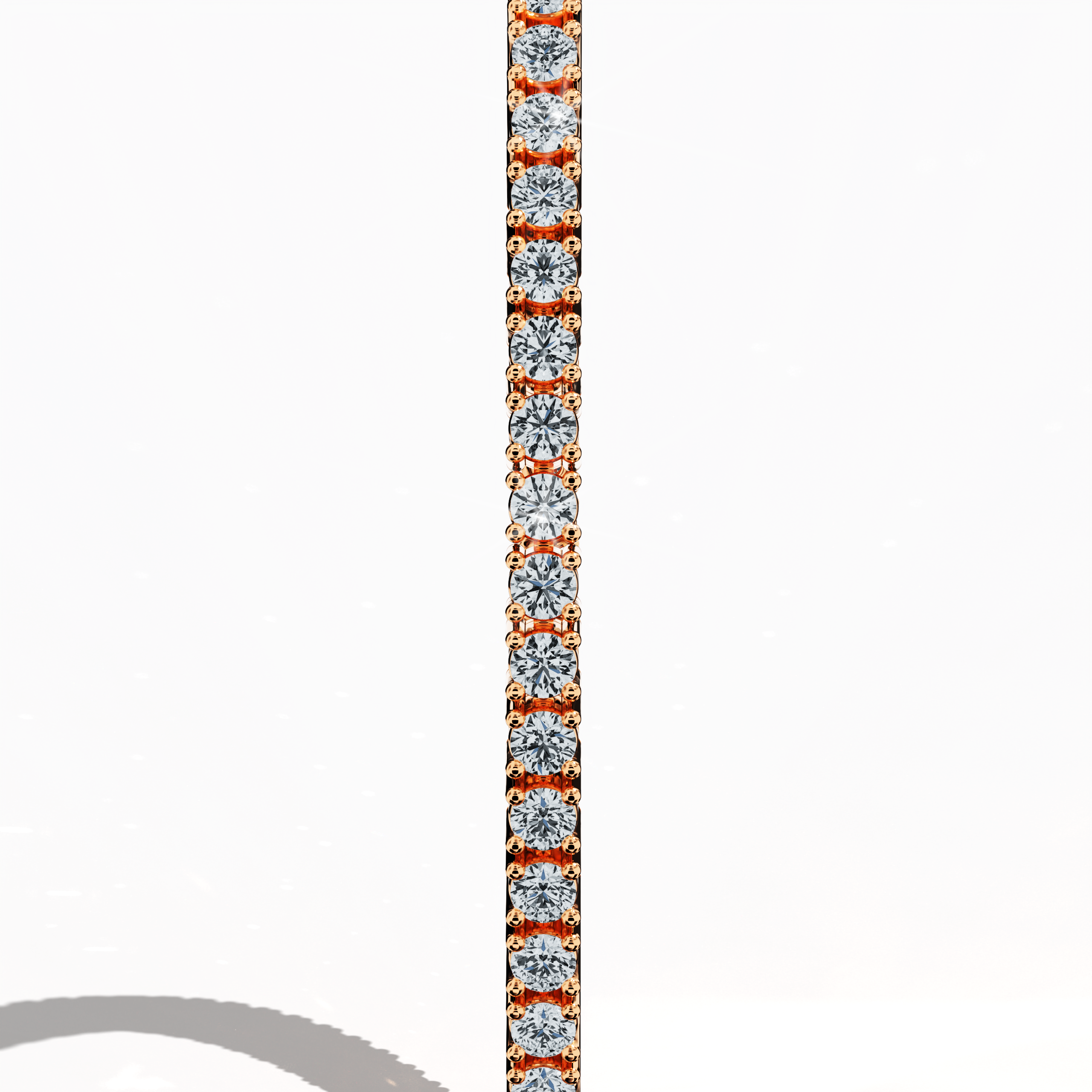 In a standing side view, this 3 carat diamond tennis bracelet in розовое золото (also referred to as pink gold or red gold) reveals a sleek profile with prong-set round brilliant stones. Known as tennis bracelet, line bracelet, eternity bracelet, river bracelet, or inline bracelet, its four-prong design ensures enduring sparkle. Ideal for formal events or daily wear. Keywords: diamond tennis bracelet, 3 carat, розовое золото, Украшения, prong setting.