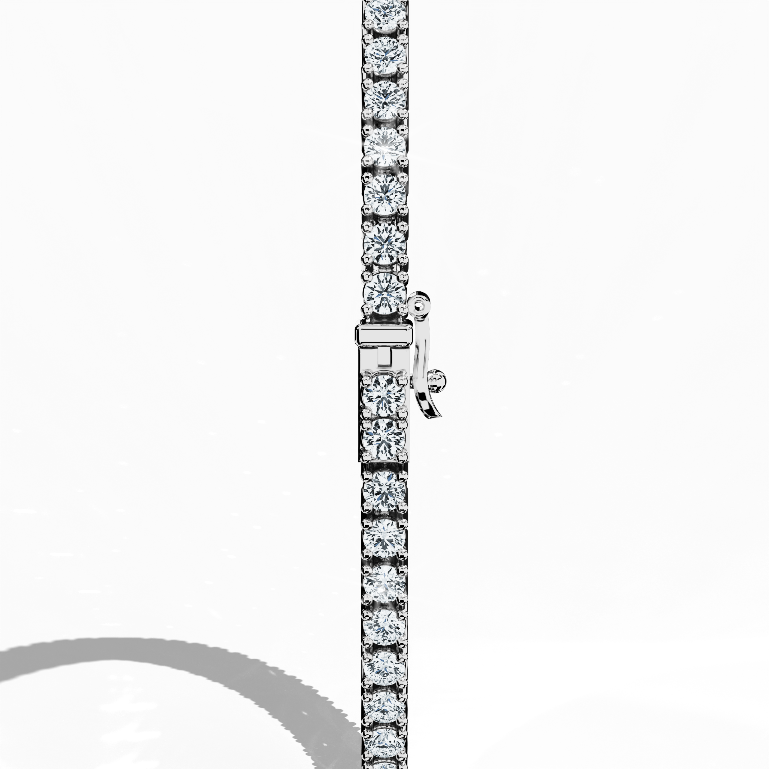 In a standing back side view, this 3 carat diamond tennis bracelet in белое золото (also referred to as grey gold or palladium gold) highlights its secure clasp and continuous row of round brilliant stones. Known as tennis bracelet, line bracelet, eternity bracelet, river bracelet, or inline bracelet, the four-prong design underscores each gem’s radiance. Perfect for refined statements. Keywords: diamond tennis bracelet, 3 carat, белое золото, Украшения, prong setting.