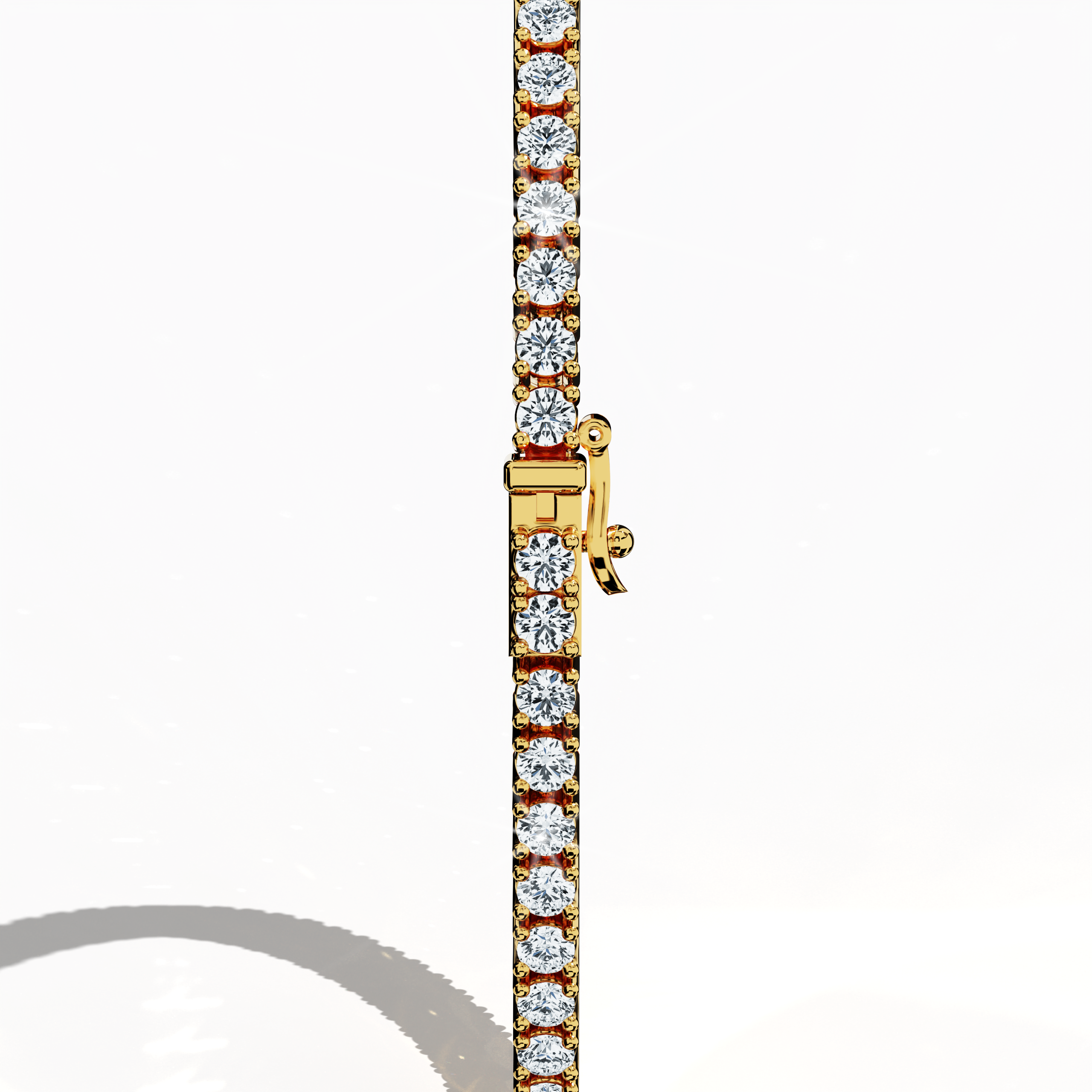 In a standing back side view, this 3 carat diamond tennis bracelet in жёлтое золото (also referred to as classic gold or champagne gold) highlights its secure clasp and continuous row of round brilliant stones. Known as tennis bracelet, line bracelet, eternity bracelet, river bracelet, or inline bracelet, the four-prong design underscores each gem’s radiance. Perfect for refined statements. Keywords: diamond tennis bracelet, 3 carat, жёлтое золото, Украшения, prong setting.