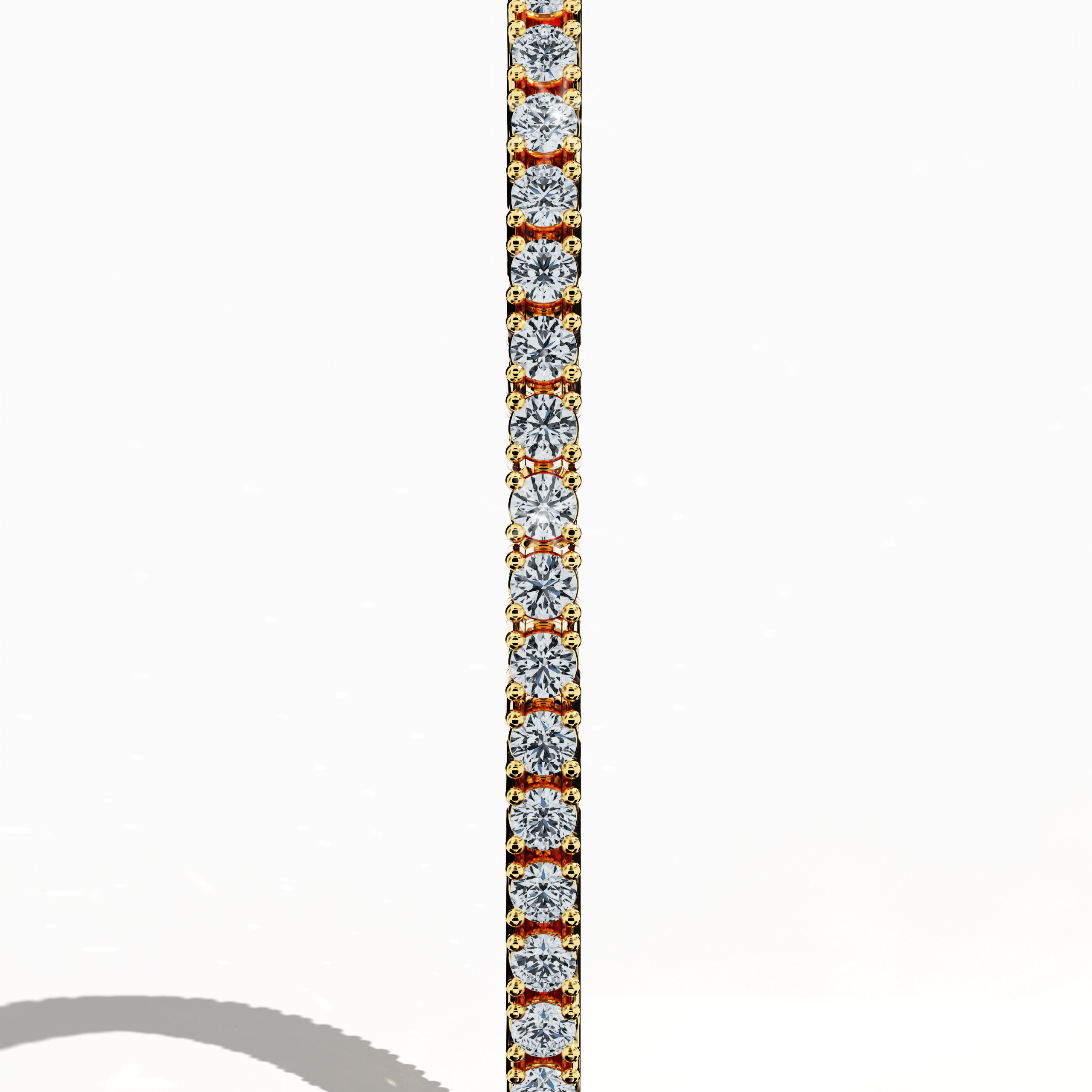 In a standing side view, this 3 carat diamond tennis bracelet in жёлтое золото (also referred to as classic gold or champagne gold) reveals a sleek profile with prong-set round brilliant stones. Known as tennis bracelet, line bracelet, eternity bracelet, river bracelet, or inline bracelet, its four-prong design ensures enduring sparkle. Ideal for formal events or daily wear. Keywords: diamond tennis bracelet, 3 carat, жёлтое золото, Украшения, prong setting.