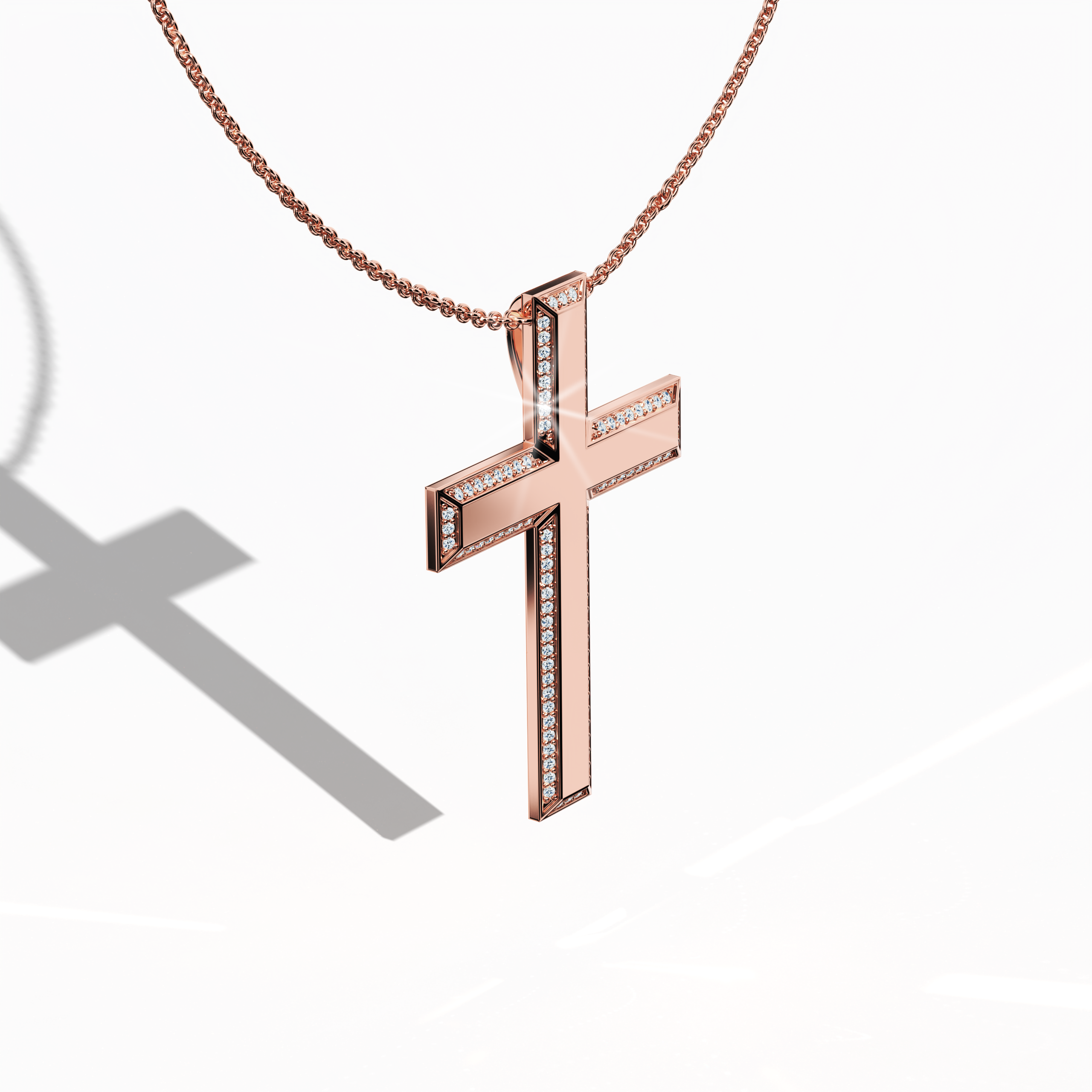 Front top side view of a 3‑step side diamond cross pendant in radiant розовое золото, often described as pink or blush gold. Its tri‑tier or stacked cross silhouette is adorned with 0.45 carat of pavé diamonds, offering a subtle yet striking sparkle from this angled perspective. Polished contours reflect a graceful union of devotion and modern sophistication.
Keywords: 3‑step cross, розовое золото, pavé diamonds, tri‑tier design.