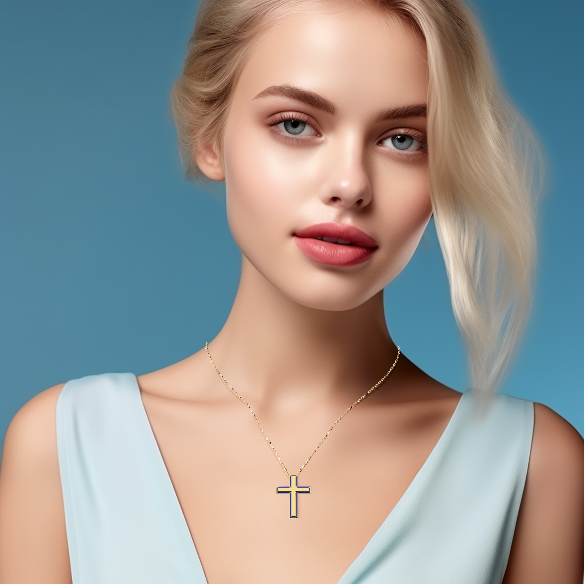 A woman wears a side enamel three-step cross pendant in gleaming жёлтое золото, sometimes called traditional or golden-hued metal, featuring striking blue perimeter enamel, also referred to as cobalt or azure enamel. The multi-step or stacked cross outline drapes gracefully against her neckline, symbolizing both devotion and modern taste. Its polished surfaces and contrasting hues enhance everyday or formal ensembles. Keywords: side enamel cross, жёлтое золото, blue enamel, elegant accessory.
