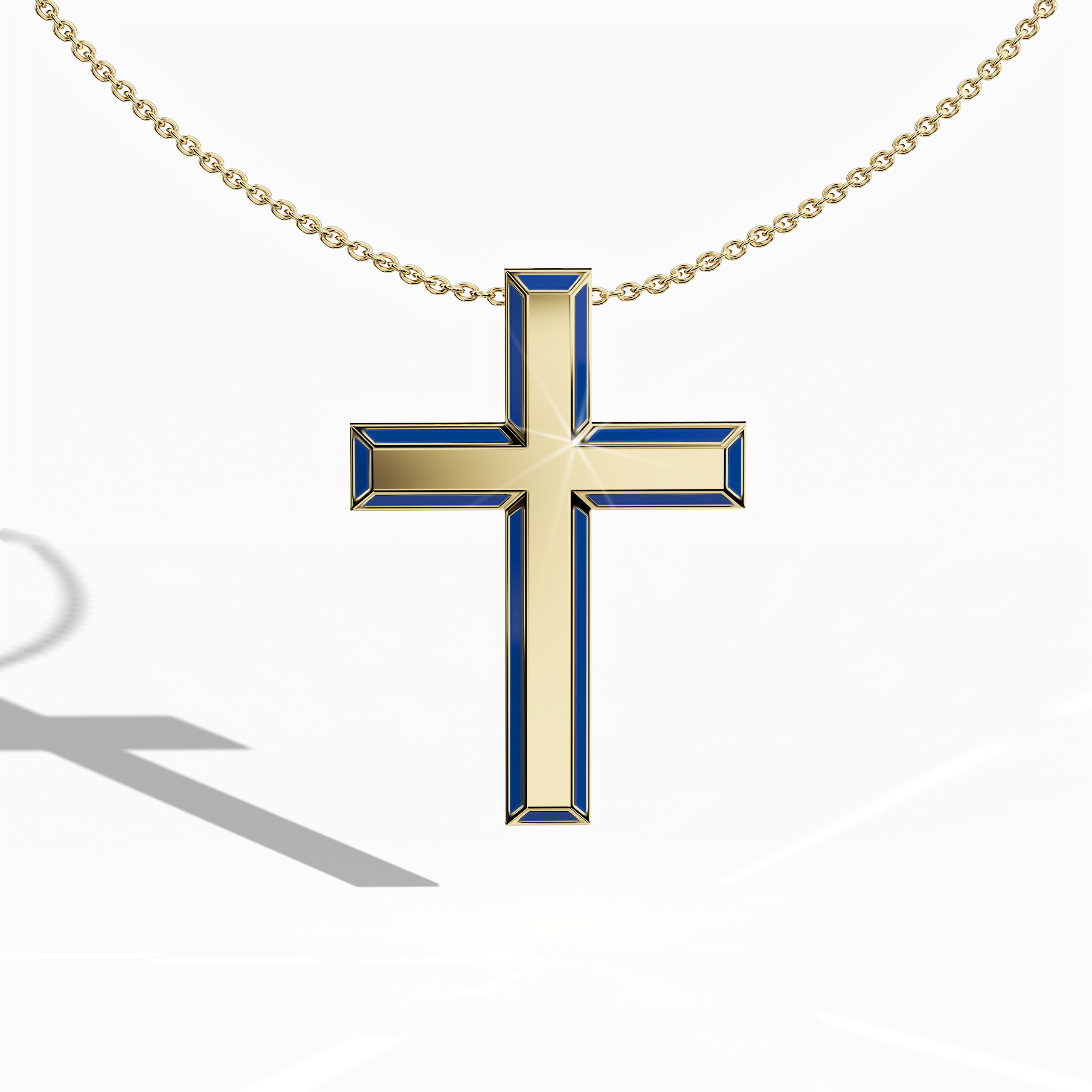 Front view of a side enamel three-step cross pendant in classic жёлтое золото, also described as traditional or golden-hued metal in various regions. The vibrant blue perimeter enamel, sometimes known as cobalt or azure enamel, frames each tier of the layered design (called multi-step, tri-tier, or stacked cross). Its polished edges and bold color contrast convey a refined statement of faith. Keywords: side enamel cross, жёлтое золото, blue enamel, layered design.