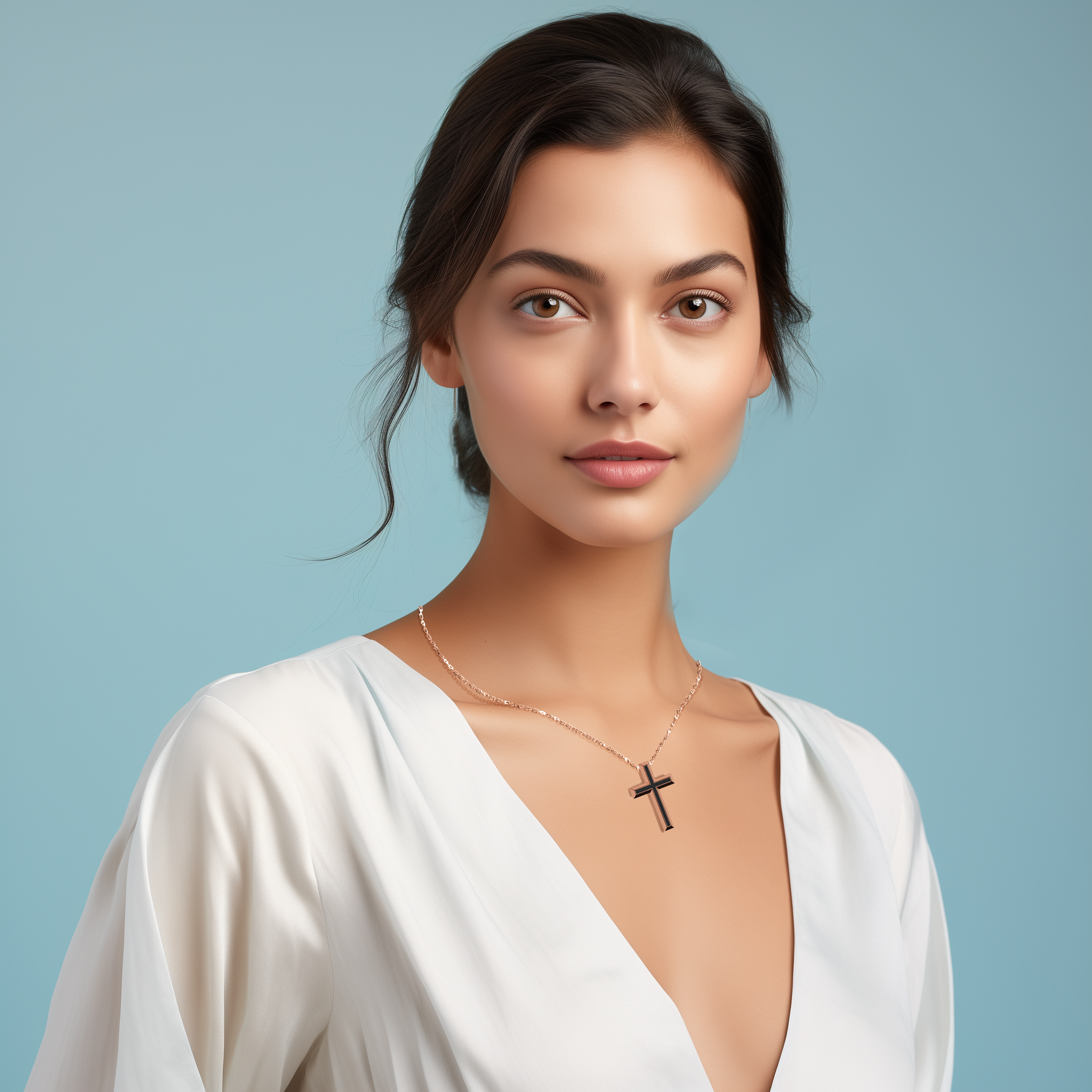 A woman wears a center enamel 3‑step cross pendant in glowing розовое золото—also called pink or blush gold—with a bold black enamel centerpiece, alternatively termed ebony or jet enamel. The layered, tri‑tier design, recognized as a multi‑step or stacked cross in diverse traditions, rests gracefully on her neckline, blending spiritual reverence with contemporary fashion. Its intricate detailing and lustrous finish emphasize refined craftsmanship.
Keywords: three‑step cross, розовое золото, black enamel.