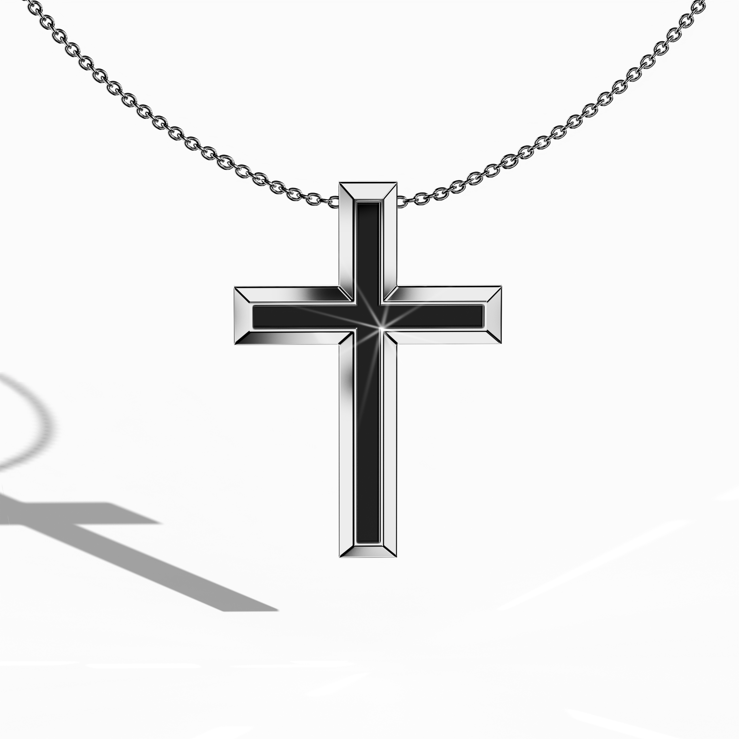Front view of a center enamel 3‑step cross pendant in radiant белое золото, often referred to as pale or silver‑toned gold. The bold black enamel centerpiece, alternatively described as ebony or jet enamel, is set in a layered, tri‑tier design that fuses timeless faith with modern sophistication. This meticulously crafted Украшения piece, known as a multi‑step or stacked cross in various traditions, exudes refined detail and striking contrast. Keywords: three‑step cross, белое золото, black enamel.