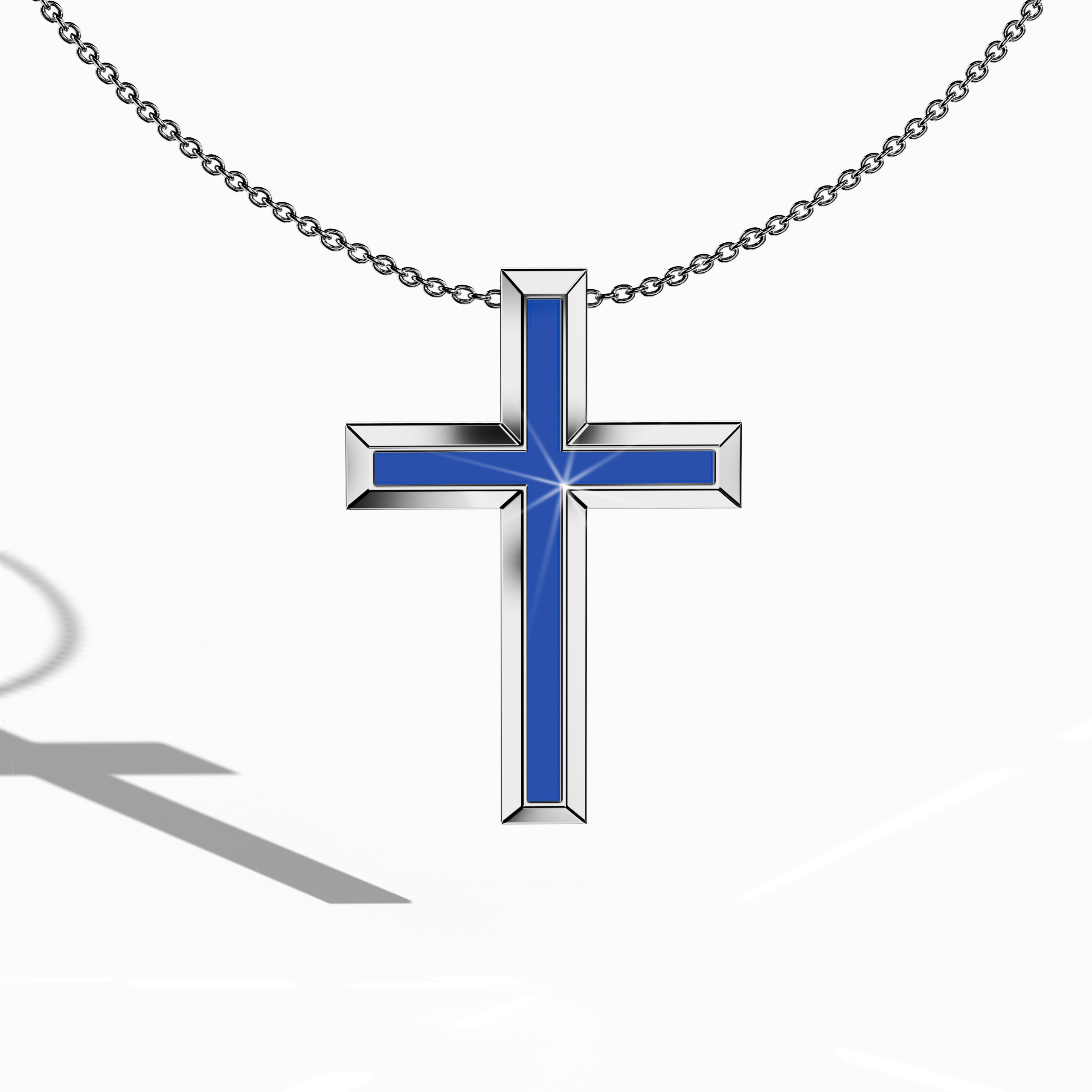 Front view of a center enamel three-step cross pendant in luminous белое золото—sometimes called pale gold or silver-tone gold in various regions. Its vivid blue enamel centerpiece, also known as azure or cobalt enamel, stands out against the layered crucifix design (termed tri-tier or multi-step cross). This faith-inspired neck ornament blends timeless devotion with modern elegance, suiting both religious traditions and stylish outfits. Keywords: three-step cross, белое золото, blue enamel.