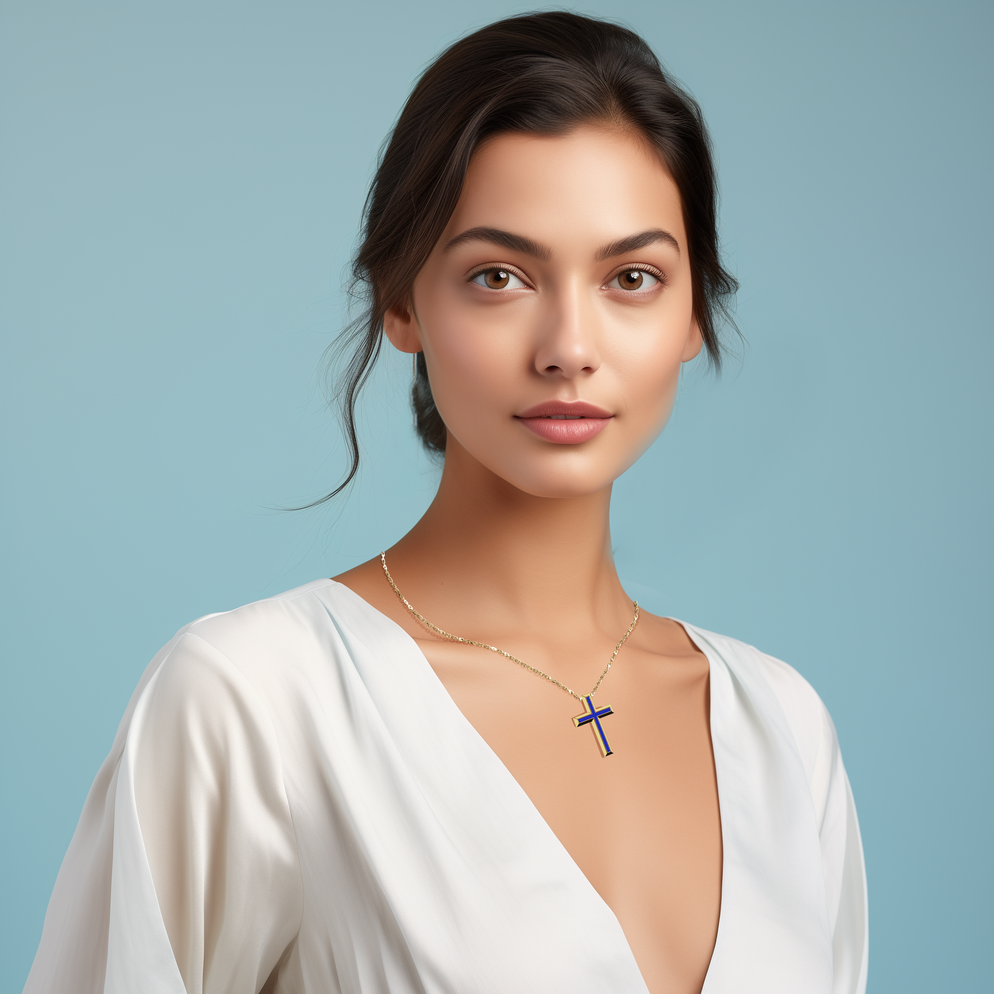 A woman elegantly wears a center эмаль 3‑step крест кулон in luminous жёлтое золото, also known as traditional or golden‑hued metal, featuring a vivid blue эмаль centerpiece, alternatively termed cobalt or azure эмаль. The layered, tri‑tier design, recognized as a multi‑step or stacked крест in many traditions, gracefully rests on her neckline, merging sacred symbolism with contemporary style. Its intricate detailing and polished finish exude refined craftsmanship.
Keywords: three‑step крест, жёлтое золото