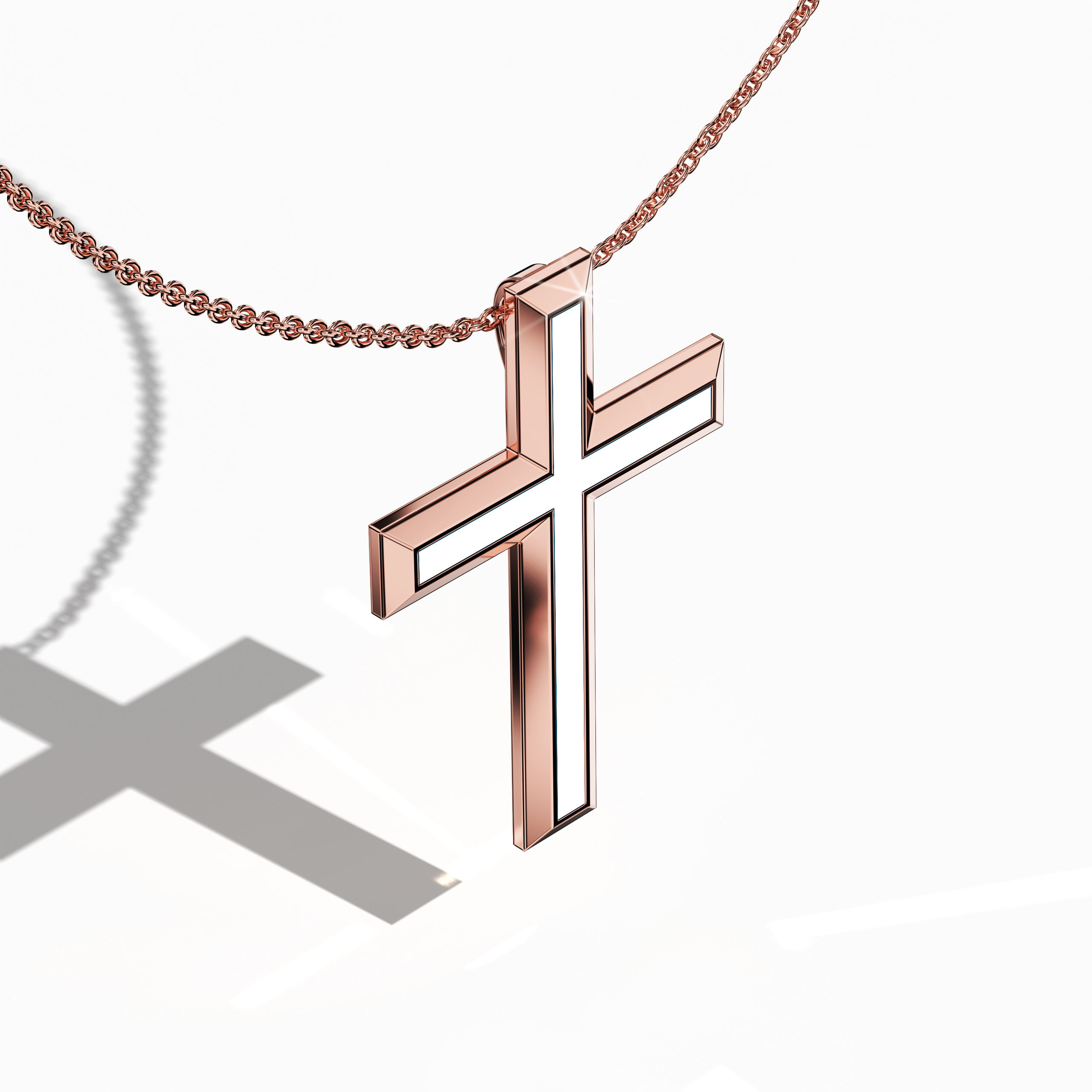 Front top side view of a center enamel 3‑step cross pendant in radiant розовое золото, often called pink or blush gold. The soft white enamel core, also described as pearl or ivory enamel, highlights the layered, tri‑tier design that unites sacred tradition with contemporary elegance. This refined Украшения piece, known as a multi‑step or stacked cross in many cultures, reveals intricate contours and a polished finish.
Keywords: three‑step cross, розовое золото, white enamel, modern accessory.