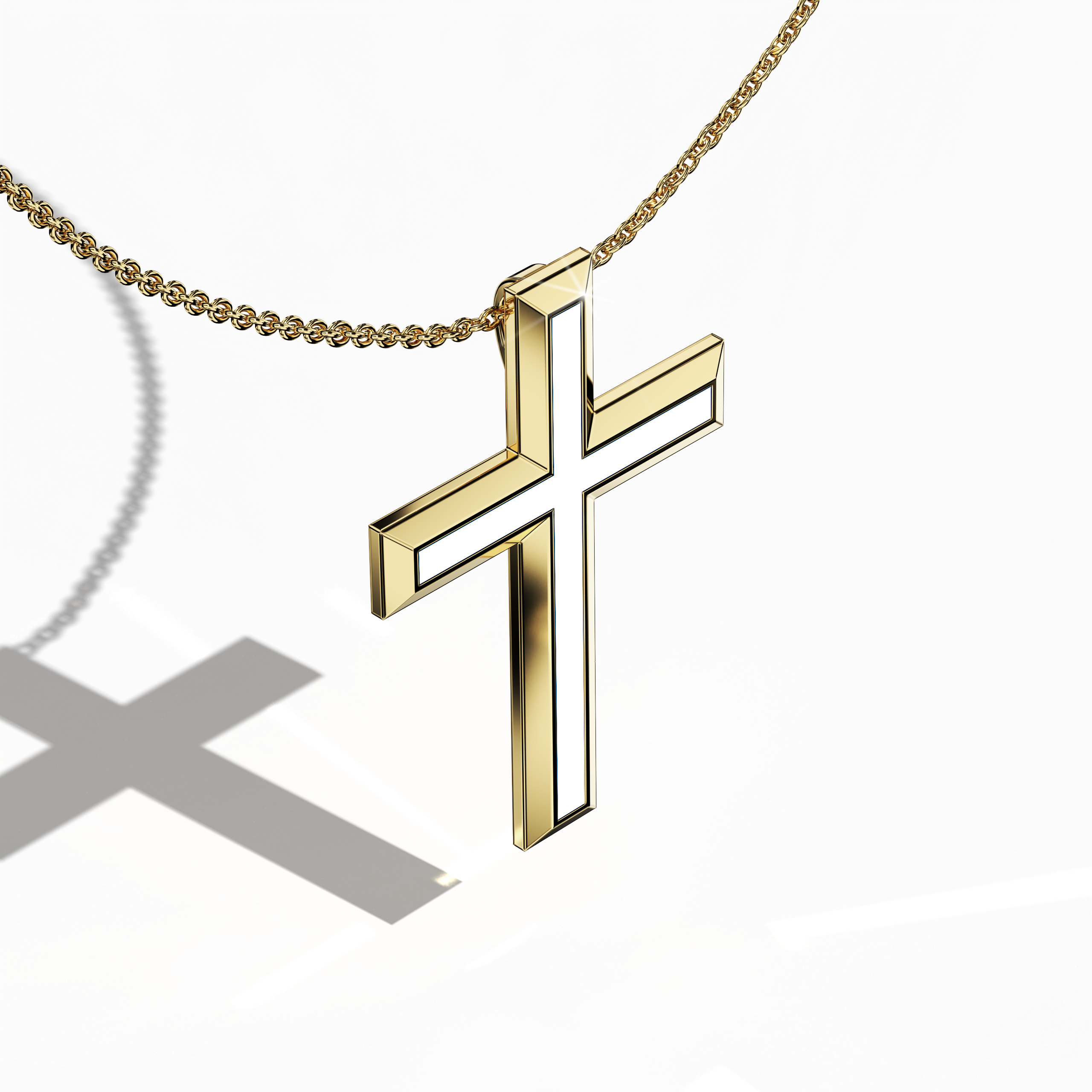 Front top side view of a center enamel 3‑step cross pendant in dazzling жёлтое золото, sometimes described as traditional or golden‑hued metal. The luminous white enamel core, also referred to as pearl or ivory enamel, highlights the layered, tri‑tier design that blends sacred heritage with modern refinement. This meticulously crafted piece, known as a multi‑step or stacked cross in many traditions, exhibits detailed contours and a polished finish.
Keywords: three‑step cross, жёлтое золото, white enamel.