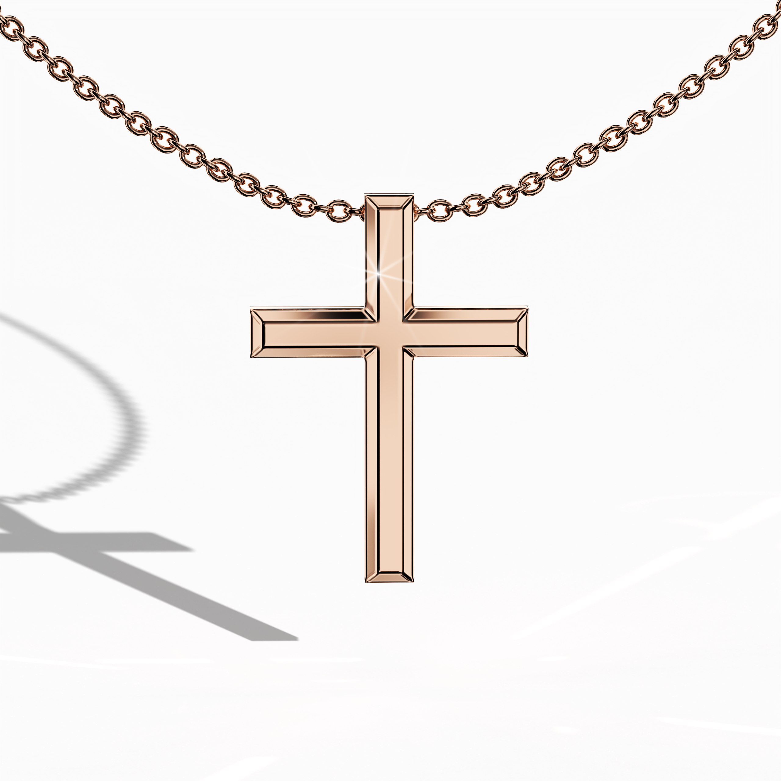 Front view of a three-step cross pendant in warm розовое золото, sometimes called pink or blush gold in different locales. The triple-tier design, also known as a multi-step or stacked cross, highlights each polished layer, reflecting a soft rosy glow. This piece merges classic devotion with contemporary refinement, appealing to diverse personal styles. Keywords: three-step cross, розовое золото, layered design, refined accessory.