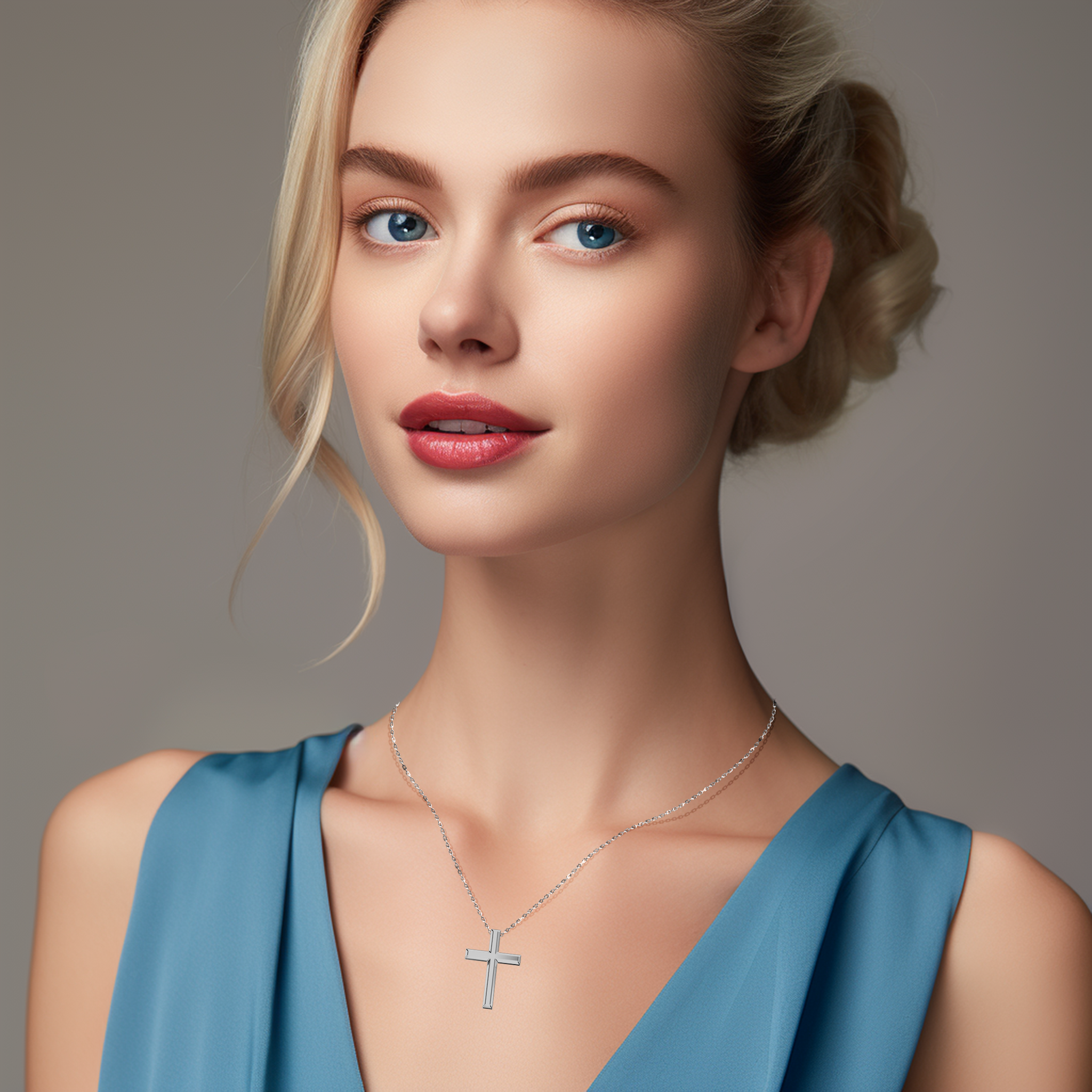 Pendant on her: a woman wears a three-step cross pendant in luminous белое золото, sometimes described as pale or silver-hued gold in different regions. The triple-tier silhouette, also referred to as a multi-step or stacked cross, rests gracefully on her neckline, blending faith with modern fashion. Its polished finish and sleek contours make a versatile statement for both casual and formal attire. Keywords: three-step cross, белое золото, stylish accessory, timeless.