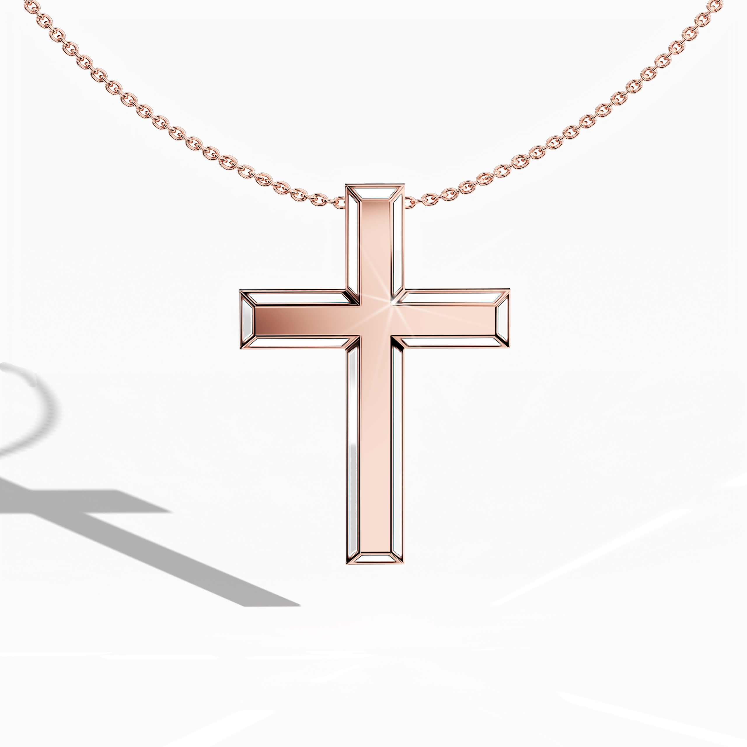 Front view of a side enamel three-step cross pendant in luminous розовое золото, also described as pink or blush gold in various regions. The pristine white perimeter enamel, sometimes referred to as pearl or ivory enamel, accentuates each tier of the layered design (known as multi-step, tri-tier, or stacked cross). This polished piece unites soft metallic warmth with a timeless symbol of faith. Keywords: side enamel cross, розовое золото, white enamel, layered design.