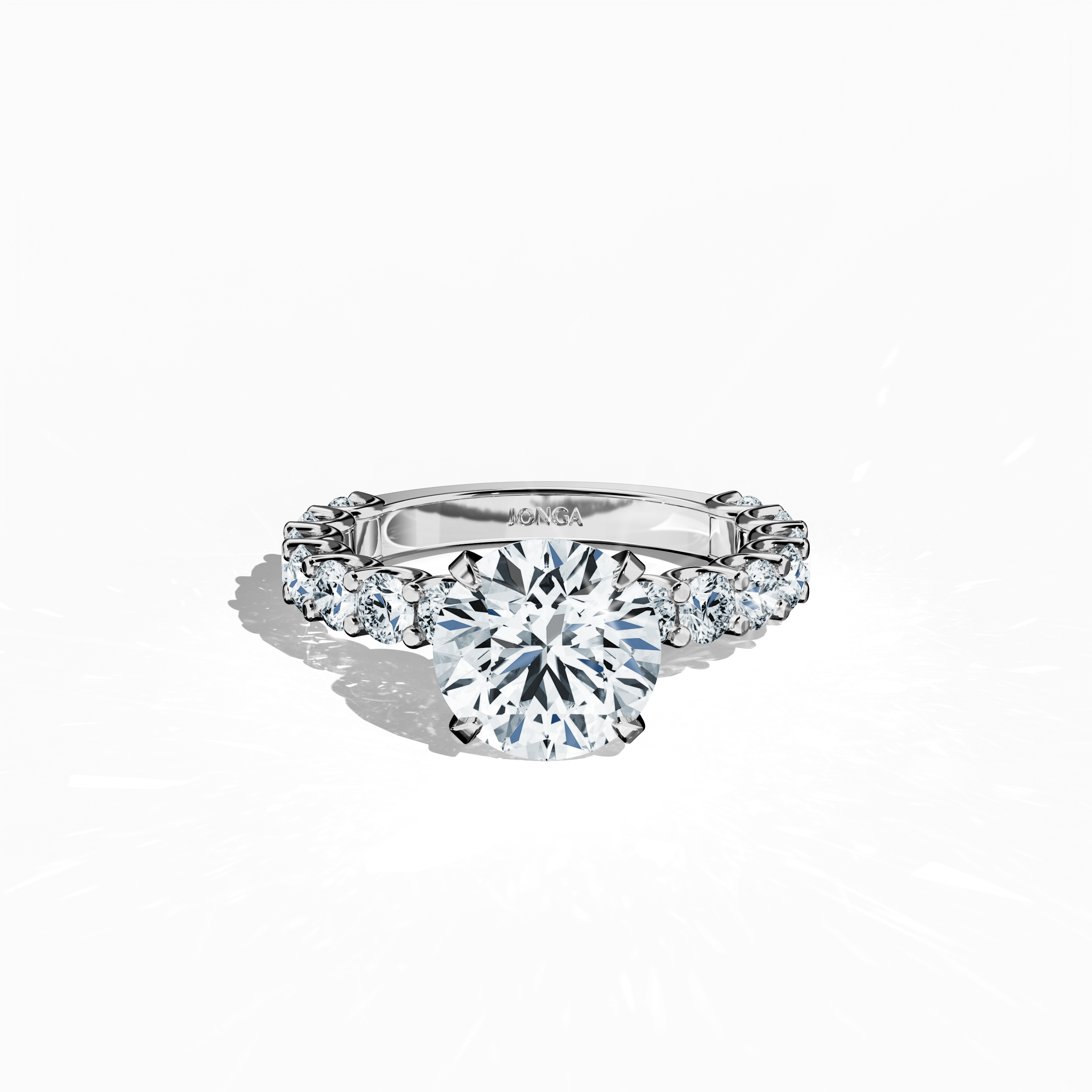 Sleeping front top view of a белое золото solitaire Eternity кольцо, featuring a striking 3 ct center/centre бриллиант and 1.60 ct side бриллианты in a four-nail prong setting. A high-end fine jewelry/fine jewellery piece, perfect as an engagement кольцо, eternity band, or wedding кольцо. Its luminous белое золото band enhances its timeless elegance. Keywords: белое золото, eternity кольцо, бриллиант band, engagement кольцо, wedding jewelry, bridal jewellery, 4.60 ct, modern fine jewellery.
