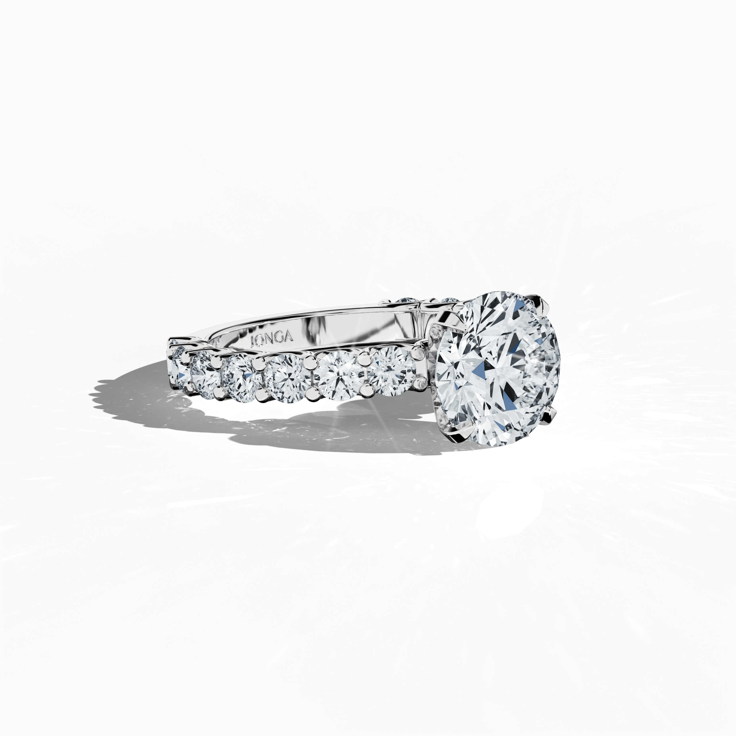 Side profile of a белое золото solitaire Eternity ring with a stunning 3 карат center/centre diamond and 1.60 карат side diamonds, all set securely in a four-nail prong setting. This elegant side view emphasizes the sleek design and sparkling diamonds, making it a coveted piece for engagements, weddings, or anniversaries. Keywords: розовое золото, solitaire, diamond eternity band, luxury ring, wedding band, fine Ювелирные изделия, 4.60 карат, elegant side view.