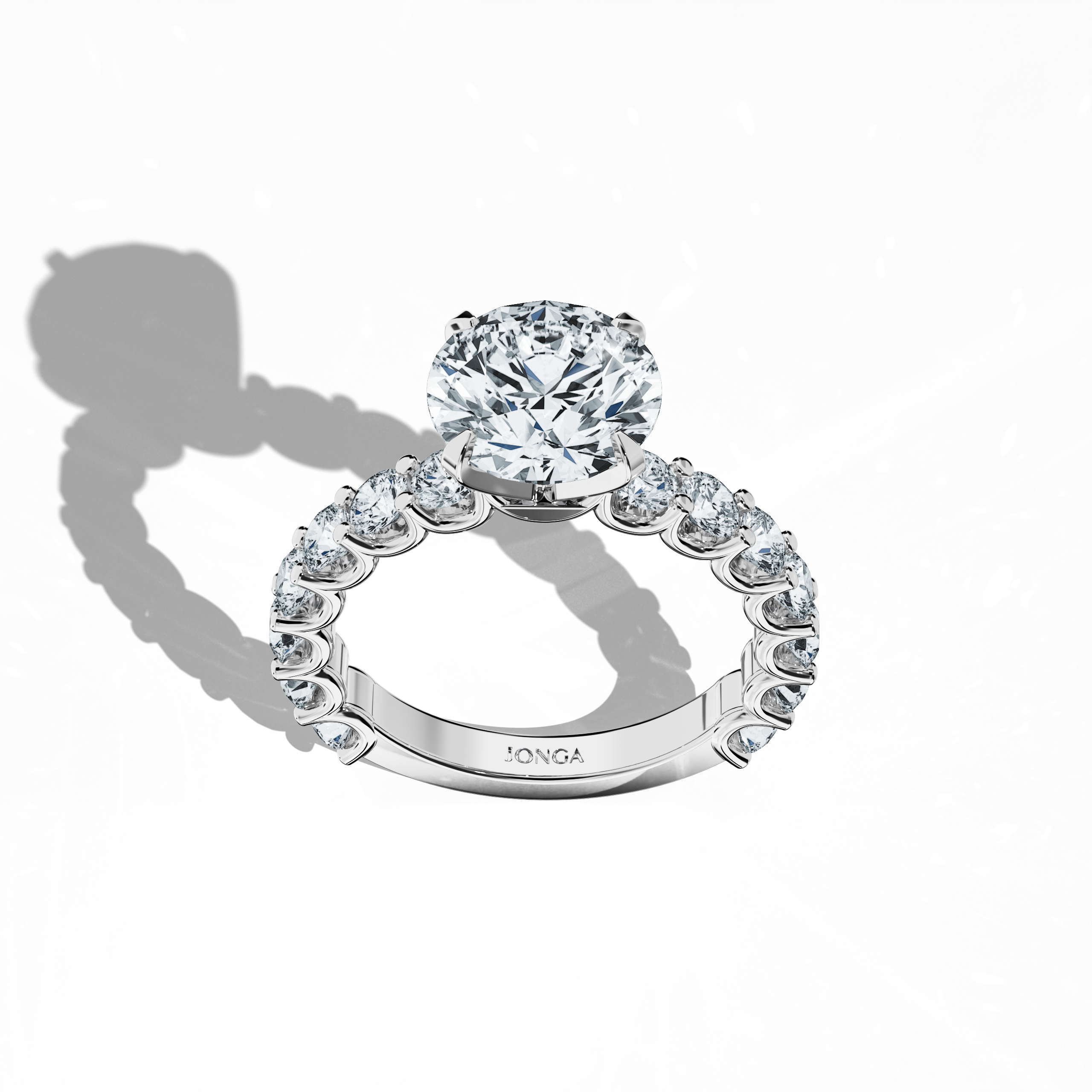 Top view of a белое золото solitaire Eternity ring featuring a luminous 3 карат center/centre diamond and 1.60 карат side diamonds, elegantly set in a four-nail prong setting. Perfect for engagement, bridal, or anniversary collections, this ring radiates luxury and sophistication. Keywords: розовое золото, solitaire, eternity ring, bridal Украшения/Ювелирные изделия, luxury, diamond ring, engagement, 4.60 карат, timeless elegance