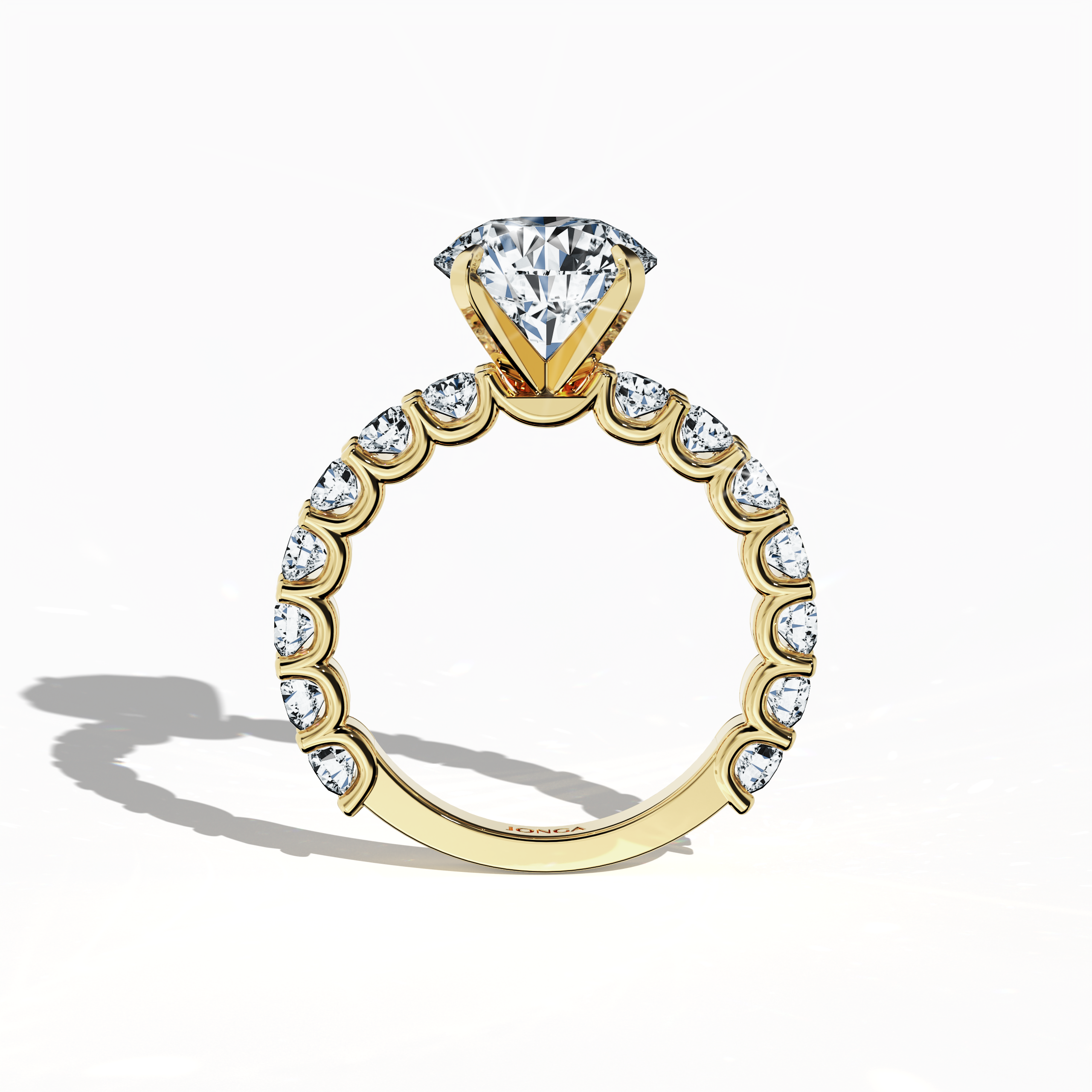 Standing front view of a жёлтое золото solitaire Eternity ring featuring a stunning 3  карат center/centre diamond and 1.60  карат side diamonds, set in a four-nail prong setting. This fine Украшения/fine Ювелирные изделия piece is perfect for engagements, weddings, or anniversaries, exuding luxury and sophistication. Keywords: жёлтое золото, diamond eternity band, solitaire ring, wedding Украшения/Ювелирные изделия, bridal, 4.60  карат, luxury statement piece.