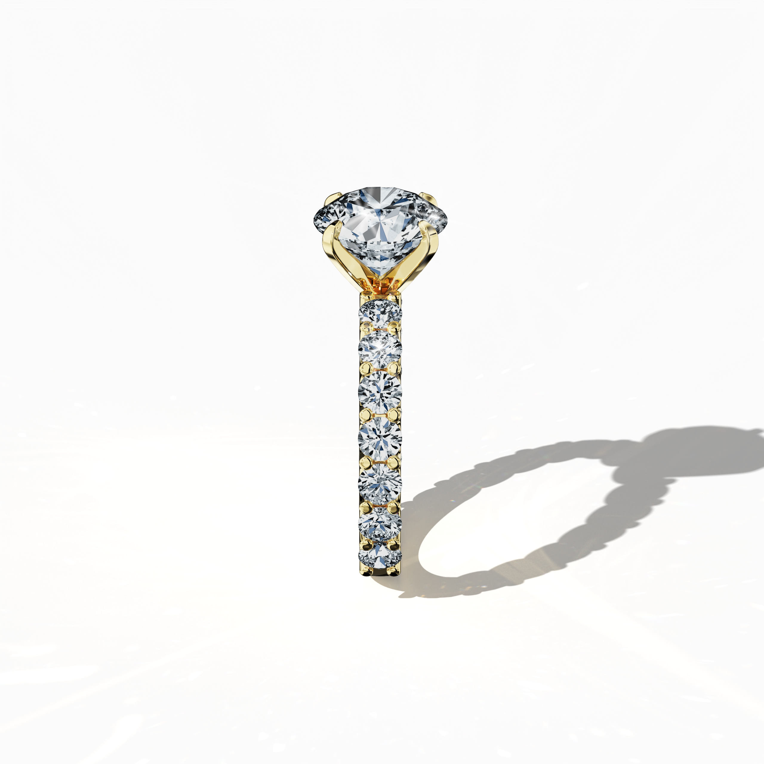 Side profile of a жёлтое золото solitaire Eternity ring, featuring a brilliant 3  карат center/centre diamond and 1.60  карат side diamonds in a four-nail prong setting. The side view highlights the elegant design and sparkling brilliance, making it an ideal engagement, bridal, or anniversary Украшения/Ювелирные изделия piece. Keywords: жёлтое золото, solitaire, diamond eternity band, luxury ring, wedding band, fine Ювелирные изделия, 4.60  карат, elegance and sparkle.