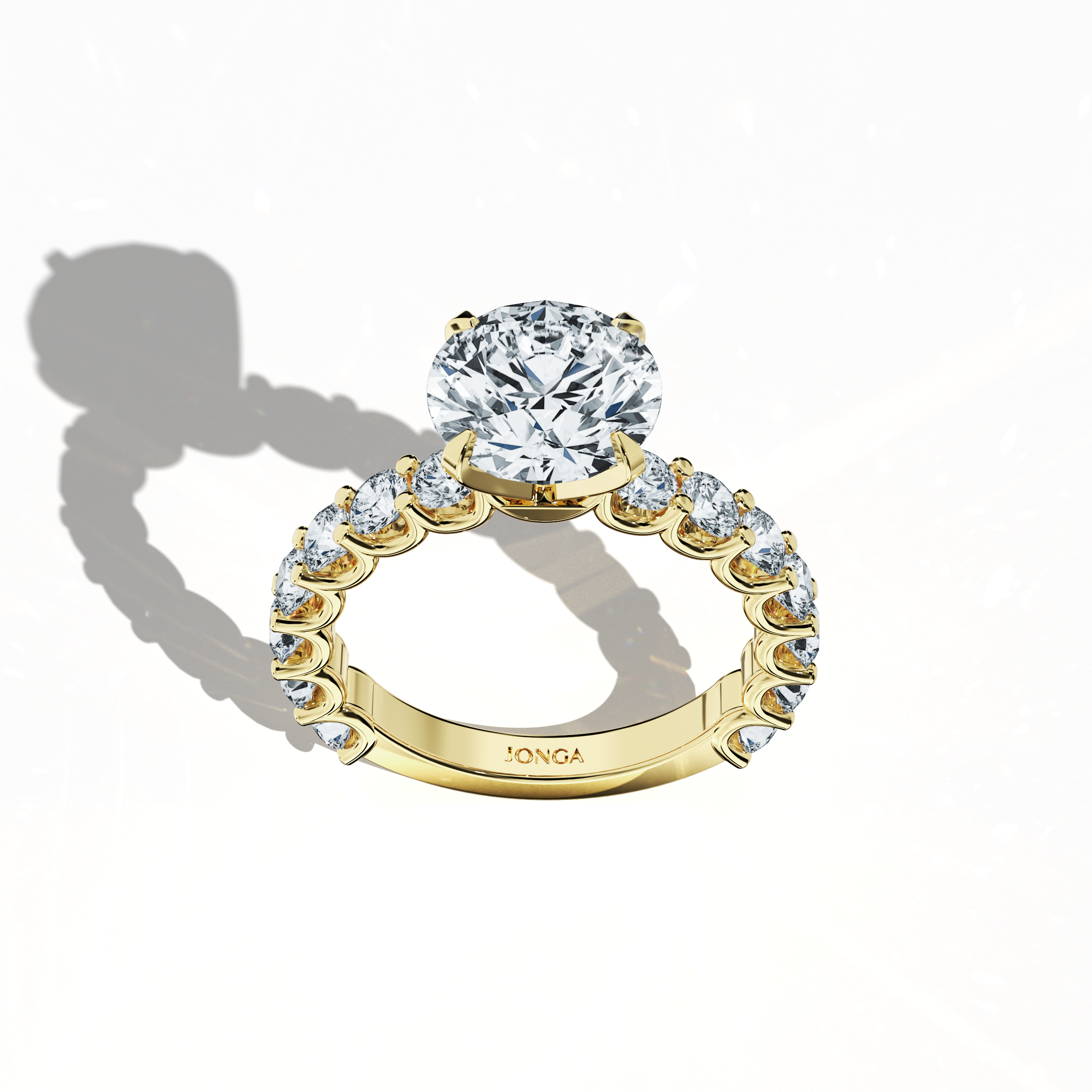 Top view of a жёлтое золото solitaire Eternity ring with a dazzling 3  карат center/centre diamond and 1.60  карат side diamonds in a four-nail prong setting. This eternity band, wedding band, or engagement ring is a symbol of enduring love and elegance, ideal for bridal or anniversary collections. Keywords: жёлтое золото, solitaire, eternity ring, bridal Украшения/Ювелирные изделия, luxury, diamond ring, engagement, 4.60  карат, timeless elegance.