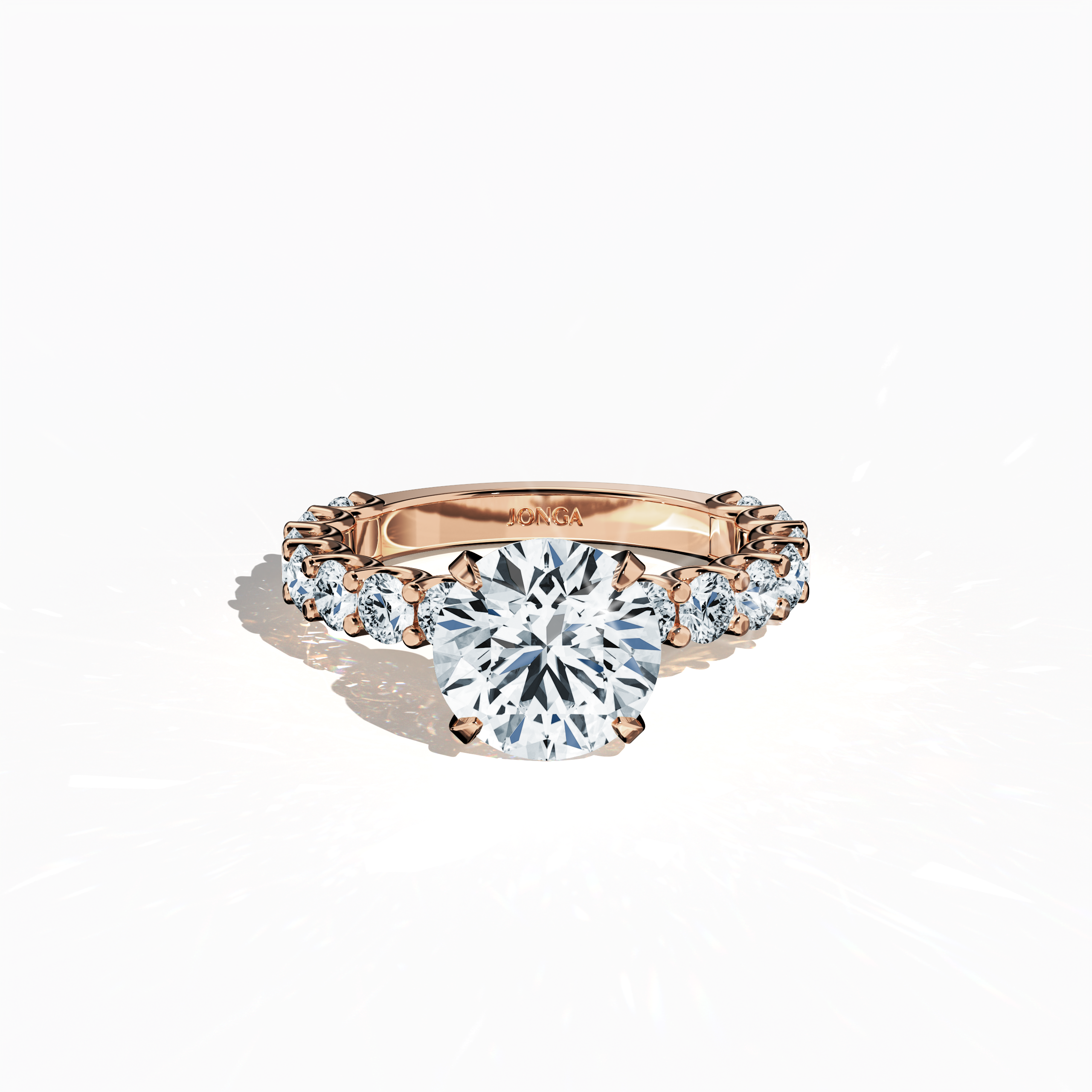 Sleeping front top view of a розовое золото solitaire Eternity ring, showcasing a brilliant 3 карат center/centre diamond and 1.60 карат side diamonds in a four-nail prong setting. Ideal for engagements, weddings, or anniversaries, this stunning fine Украшения/fine Ювелирные изделия piece combines timeless appeal and modern luxury. Keywords: розовое золото, eternity ring, diamond band, engagement ring, wedding Украшения, bridal Ювелирные изделия, 4.60 карат, luxury fine Ювелирные изделия.