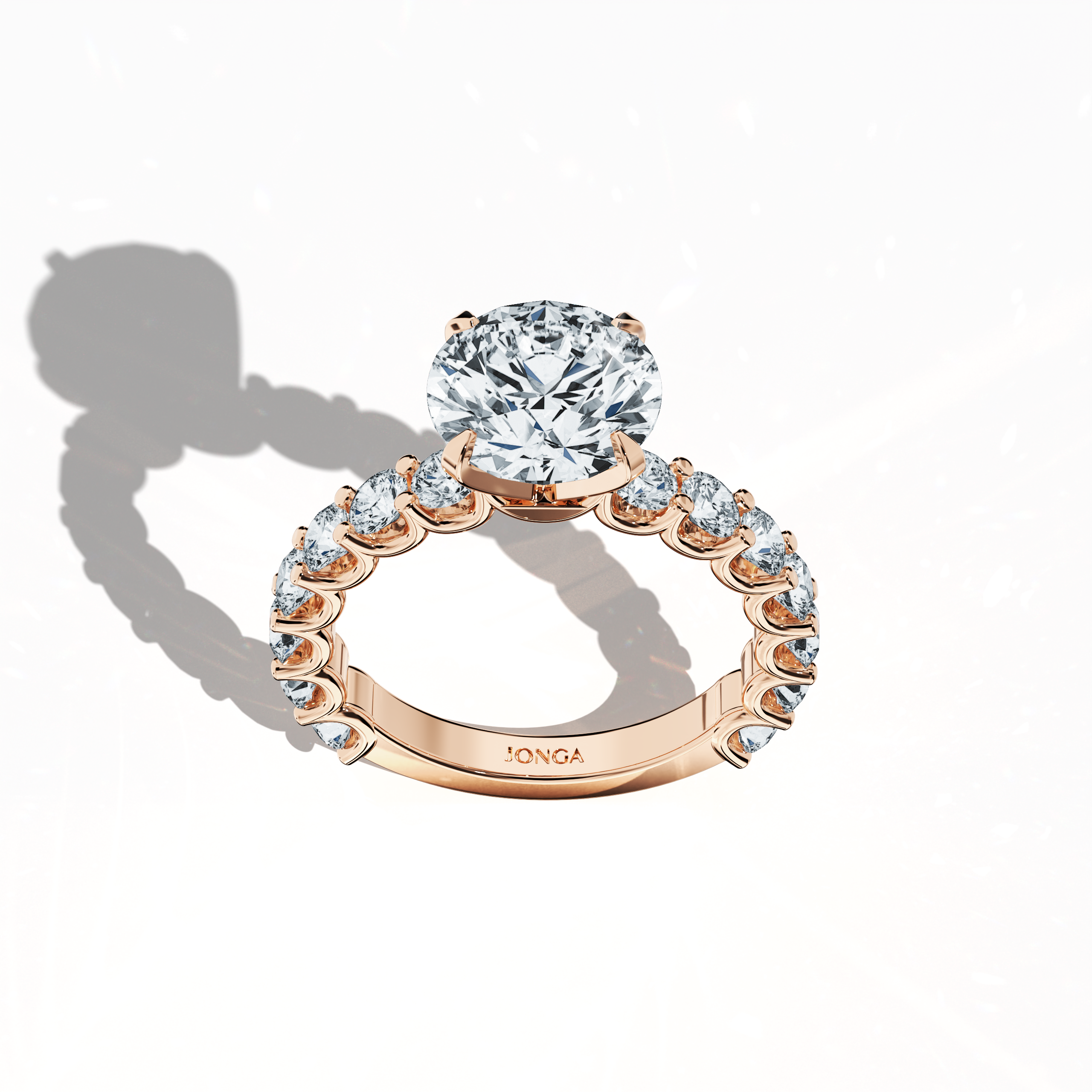 Top view of a розовое золото solitaire Eternity ring featuring a luminous 3 карат center/centre diamond and 1.60 карат side diamonds, elegantly set in a four-nail prong setting. Perfect for engagement, bridal, or anniversary collections, this ring radiates luxury and sophistication. Keywords: розовое золото, solitaire, eternity ring, bridal Украшения/Ювелирные изделия, luxury, diamond ring, engagement, 4.60 карат, timeless elegance.