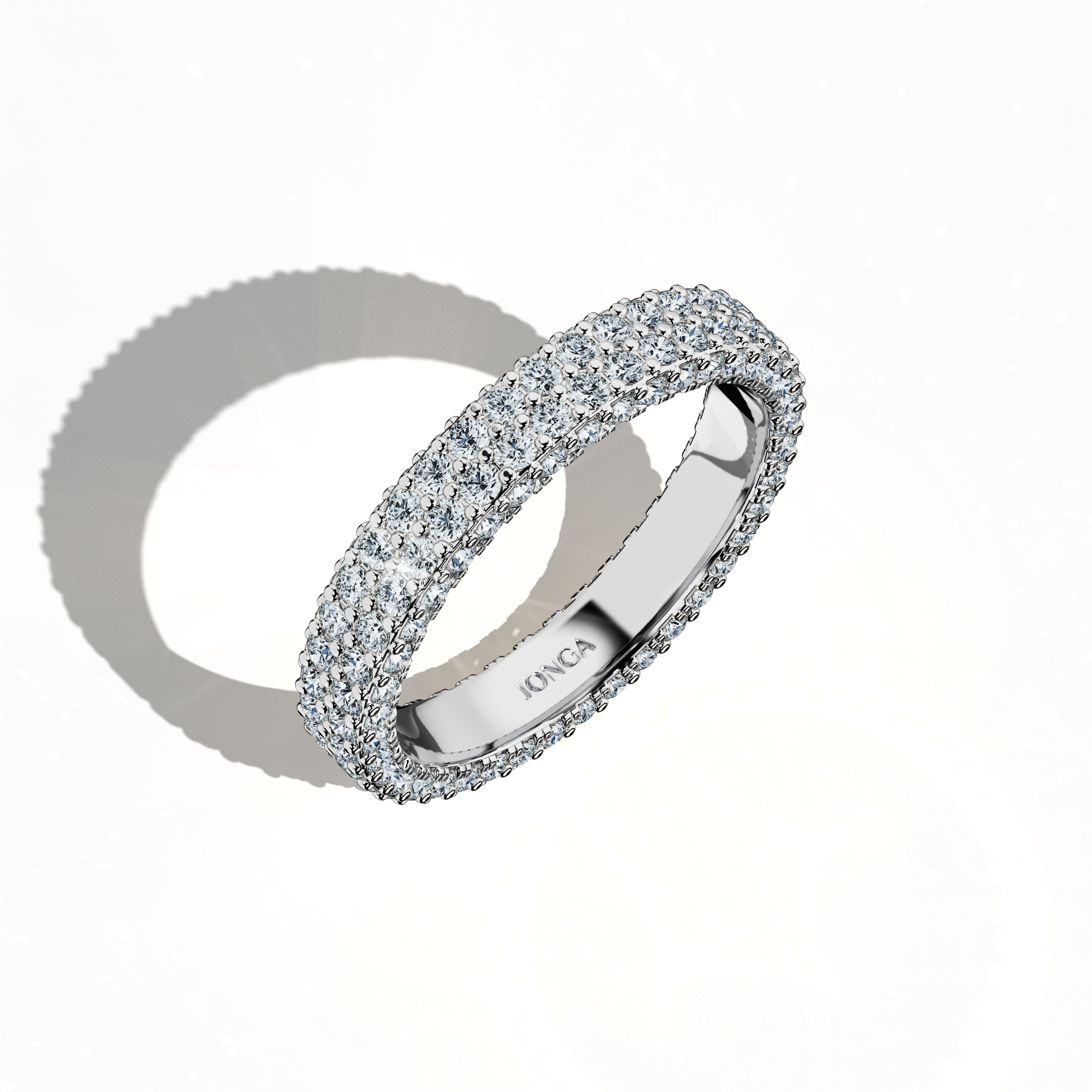 Striking белое золото 4-row diamond band displayed in a standing front top side view, revealing up to 2.10 carats of intricately arranged micro diamonds. Recognized internationally as an eternity band, classic pave band, multi-row diamond band, and stacked diamond band, it features a luminous icy gold finish with precise detailing and elegant contours. The image emphasizes balanced symmetry and refined craftsmanship. Keywords: белое золото, diamond band, micro diamonds, sophistication.