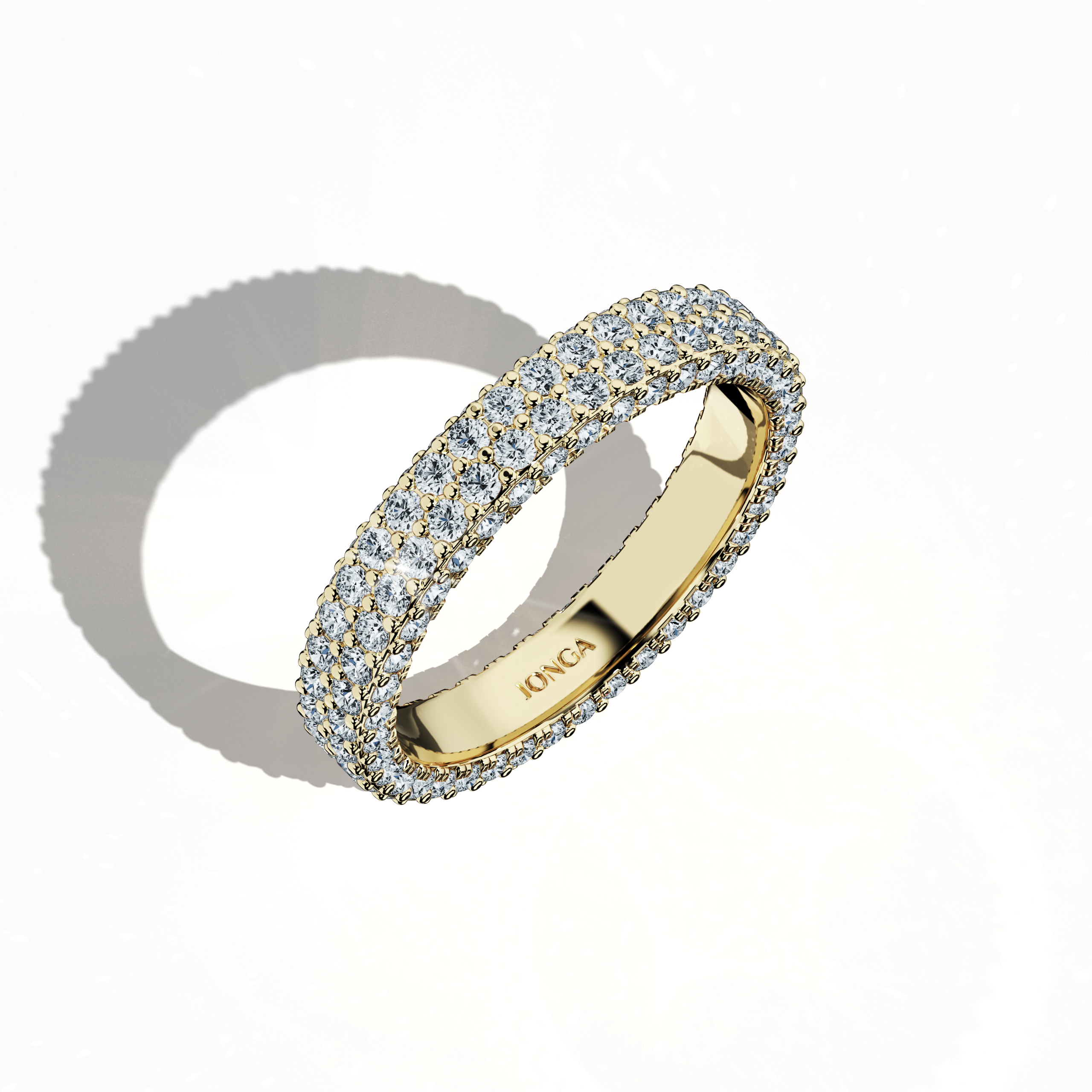 Dynamic yellow gold 4-row diamond band showcased in a standing front top side view, revealing up to 2.10 carats of sparkling micro diamonds. Recognized internationally as an eternity band, classic pave band, multi-row diamond band, and refined diamond band, this design presents a gleaming sun-kissed gold sheen with intricate detailing and structured contours. The image exudes vibrant luxury, balanced symmetry, and modern refinement with a captivating glow. Keywords: yellow gold, diamond band, micro diamonds
