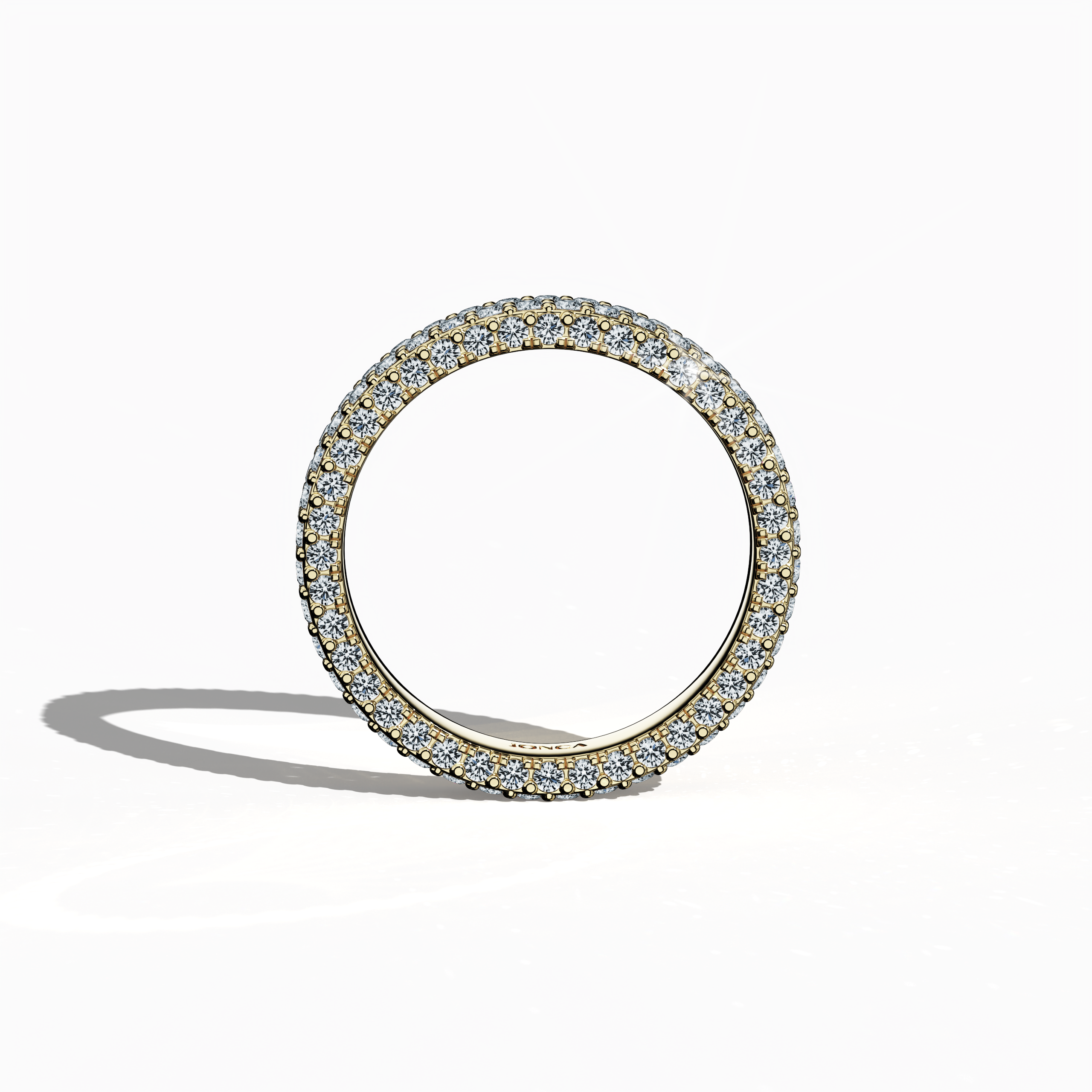Vibrant yellow gold 4-row diamond band captured in a standing front view, highlighting up to 2.10 carats of flawlessly set micro diamonds. This sophisticated design, also celebrated as an eternity band, classic pave band, multi-row diamond band, and luxury diamond band in various markets, features a lustrous sun-kissed gold surface with delicate engravings and balanced lines. The image radiates modern sophistication and timeless luxury with captivating allure. Keywords: yellow gold, micro diamonds, elegance