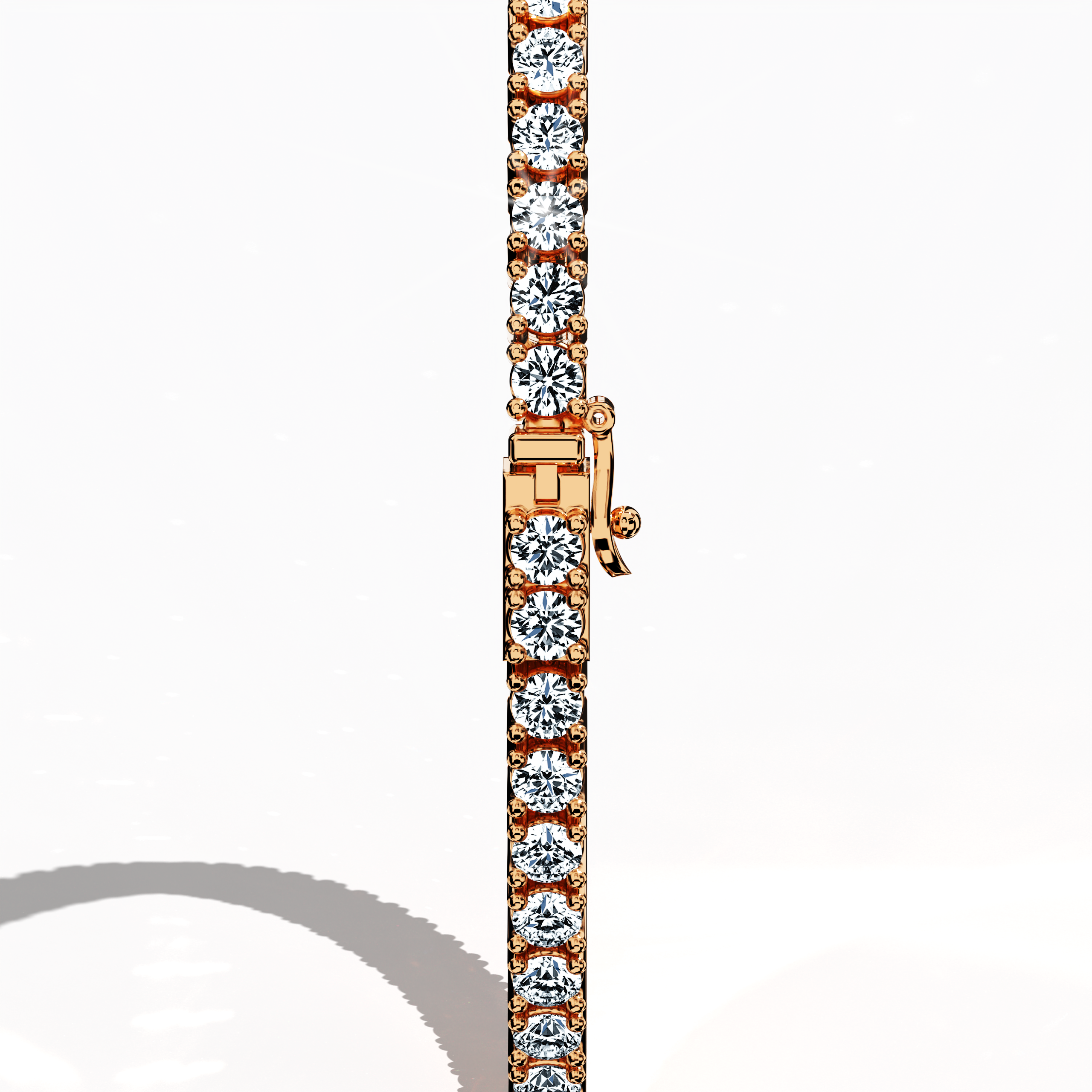 In a standing back side view, this 4 carat бриллиант tennis браслет in розовое золото (alternatively known as pink gold or red gold) showcases a secure clasp and an uninterrupted chain of prong-set круг brilliant бриллианты. Also recognized as a tennis браслет, line браслет, eternity браслет, river браслет, or inline браслет, its elegant four‐prong design enhances the radiant sparkle of every gem, offering refined sophistication for both formal events and casual glamour. Keywords: бриллиант tennis браслет.
