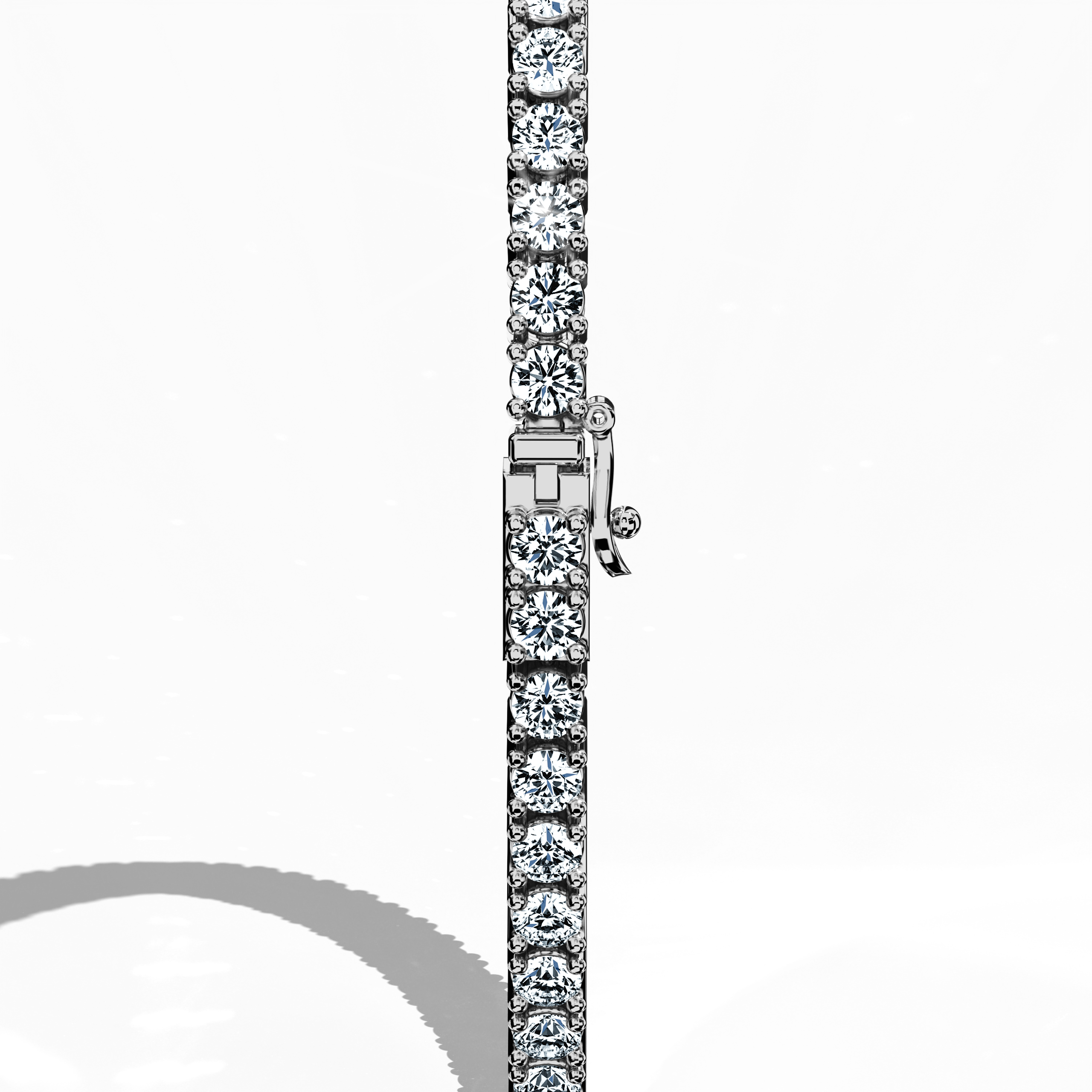 In a standing back side view, this 4 carat бриллиант tennis браслет in белое золото (alternatively known as grey gold or palladium gold) showcases a secure clasp and an uninterrupted series of prong-set круг brilliant бриллианты. Referred to as a tennis браслет, line браслет, eternity браслет, river браслет, or inline браслет, its elegant four‐prong setting ensures that every facet catches the light perfectly, offering timeless sophistication for formal or casual styles. Keywords: бриллиант tennis браслет.