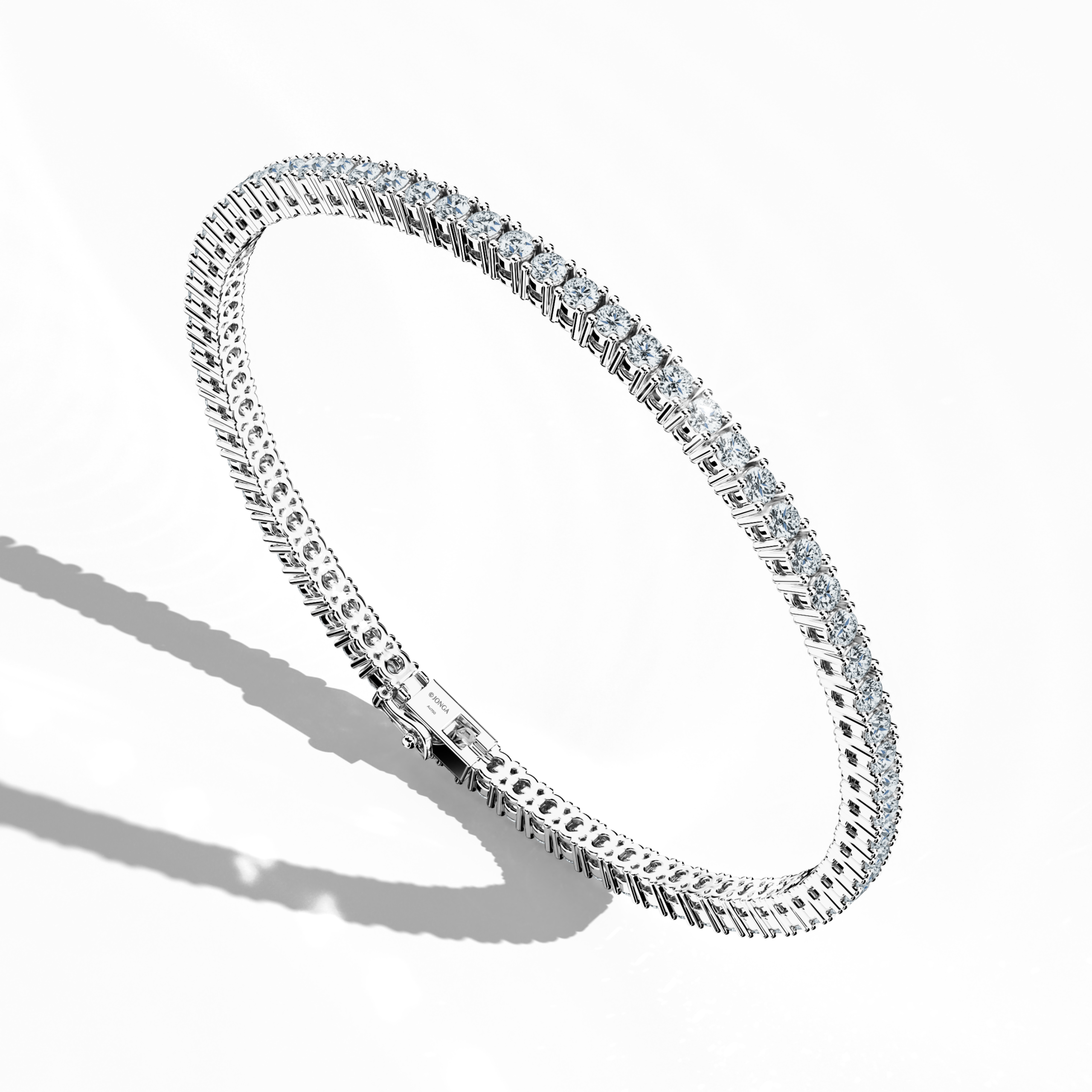 In a standing front top side view, this 4 carat бриллиант tennis браслет in белое золото (alternatively called grey gold or palladium gold) exhibits a gently curved band adorned with prong-set круг brilliant бриллианты. Also known as a tennis браслет, line браслет, eternity браслет, river браслет, or inline браслет, its precise four‐prong design enhances the fire and brilliance of each gem. Perfect for accentuating both special occasions and upscale daily ensembles. Keywords: бриллиант tennis браслет, 4 car