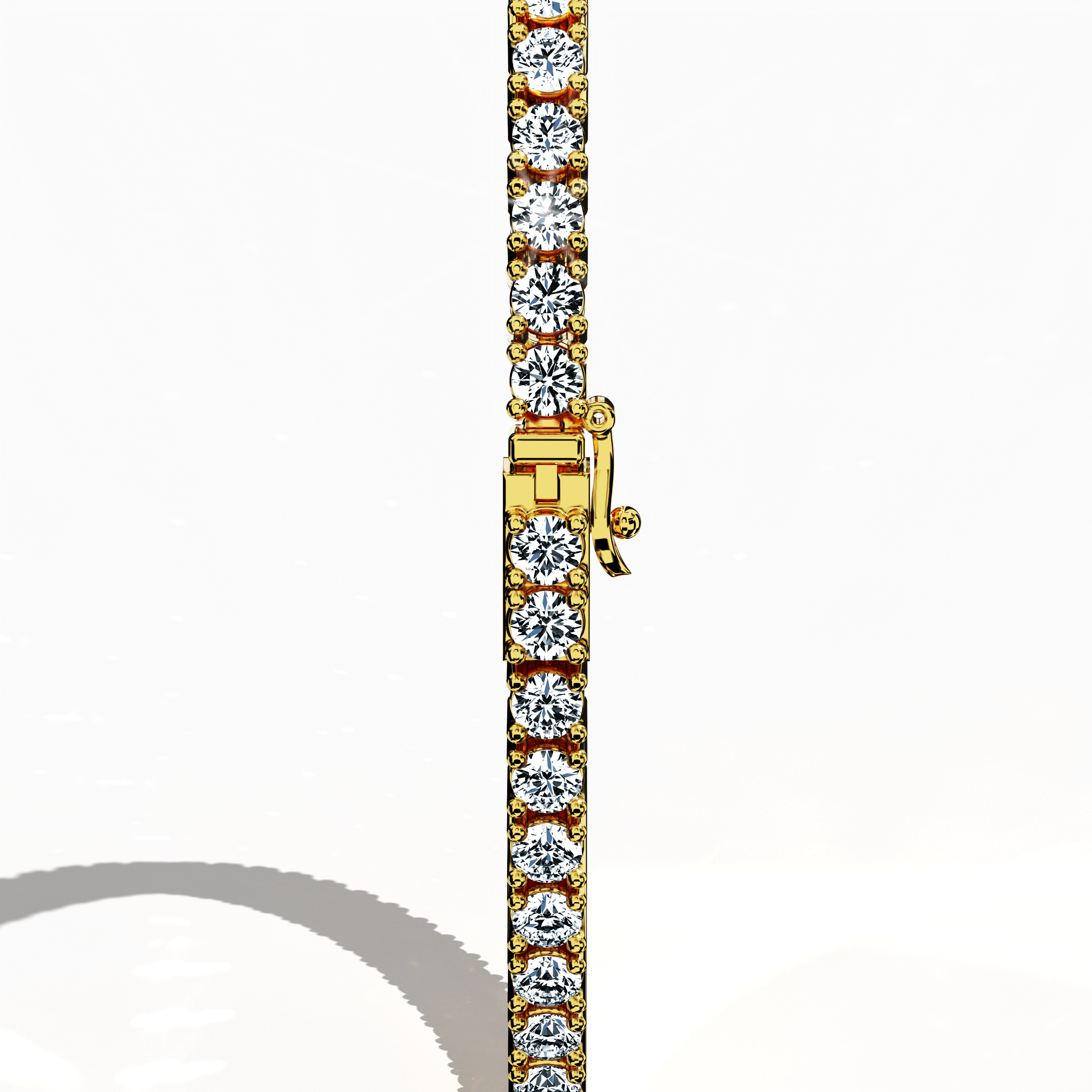 In a standing back side view, this 4 carat бриллиант tennis браслет in жёлтое золото (alternatively known as classic gold or champagne gold) presents a secure clasp and an unbroken line of prong-set круг brilliant бриллианты. Also recognized as a tennis браслет, line браслет, eternity браслет, river браслет, or inline браслет, its refined four‐prong design elevates the radiant sparkle of each gem, making it a timeless accessory for formal occasions and elegant daily wear. Keywords: бриллиант tennis браслет.