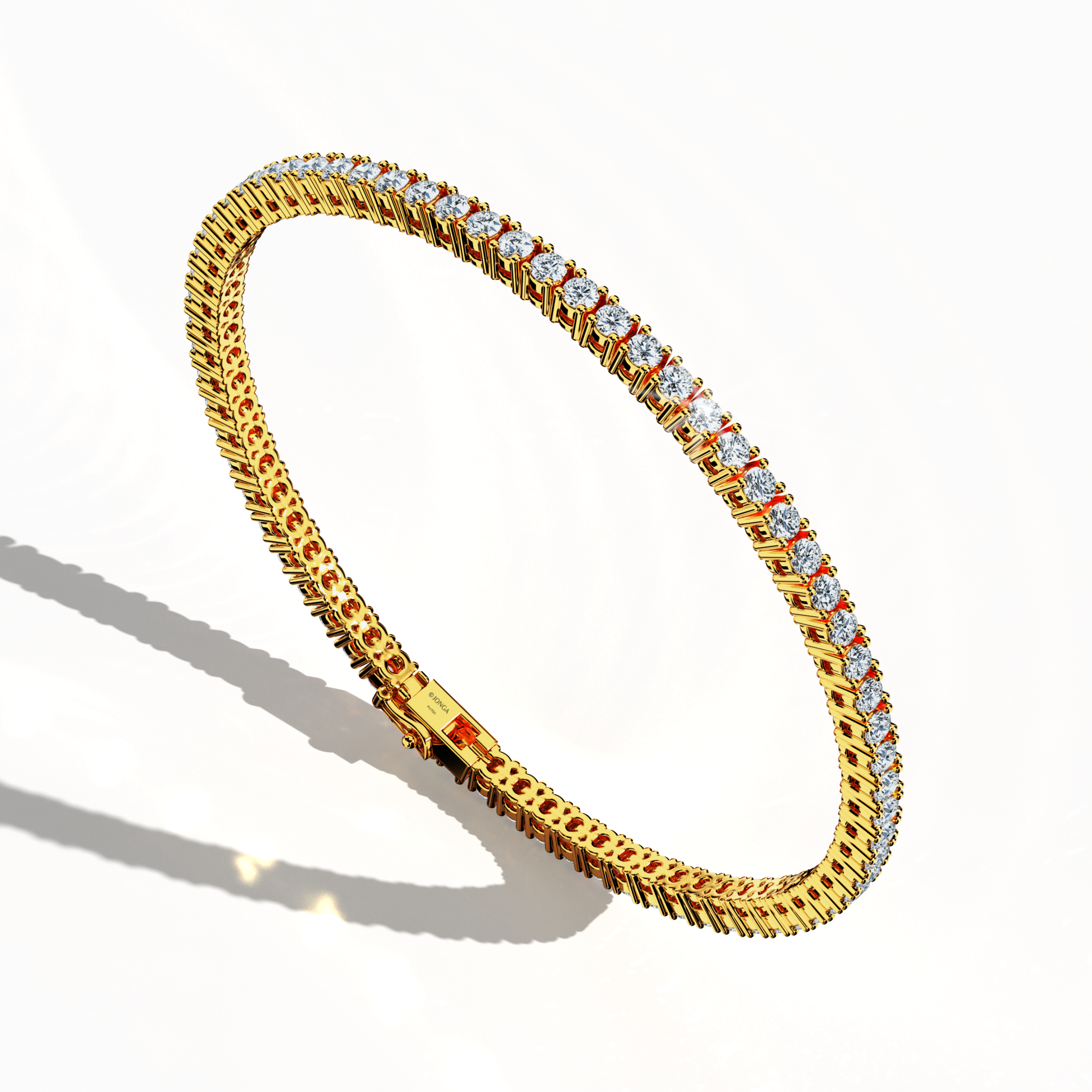 In a standing front top side view, this 4 carat бриллиант tennis браслет in жёлтое золото (alternatively called classic gold or champagne gold) exhibits a gently curved band adorned with prong-set круг brilliant бриллианты. Also referred to as a tennis браслет, line браслет, eternity браслет, river браслет, or inline браслет, its precise four‐prong design accentuates the luminous fire of each stone, ensuring a look that is both sophisticated and vibrant for any event. Keywords: бриллиант tennis браслет, 4 c