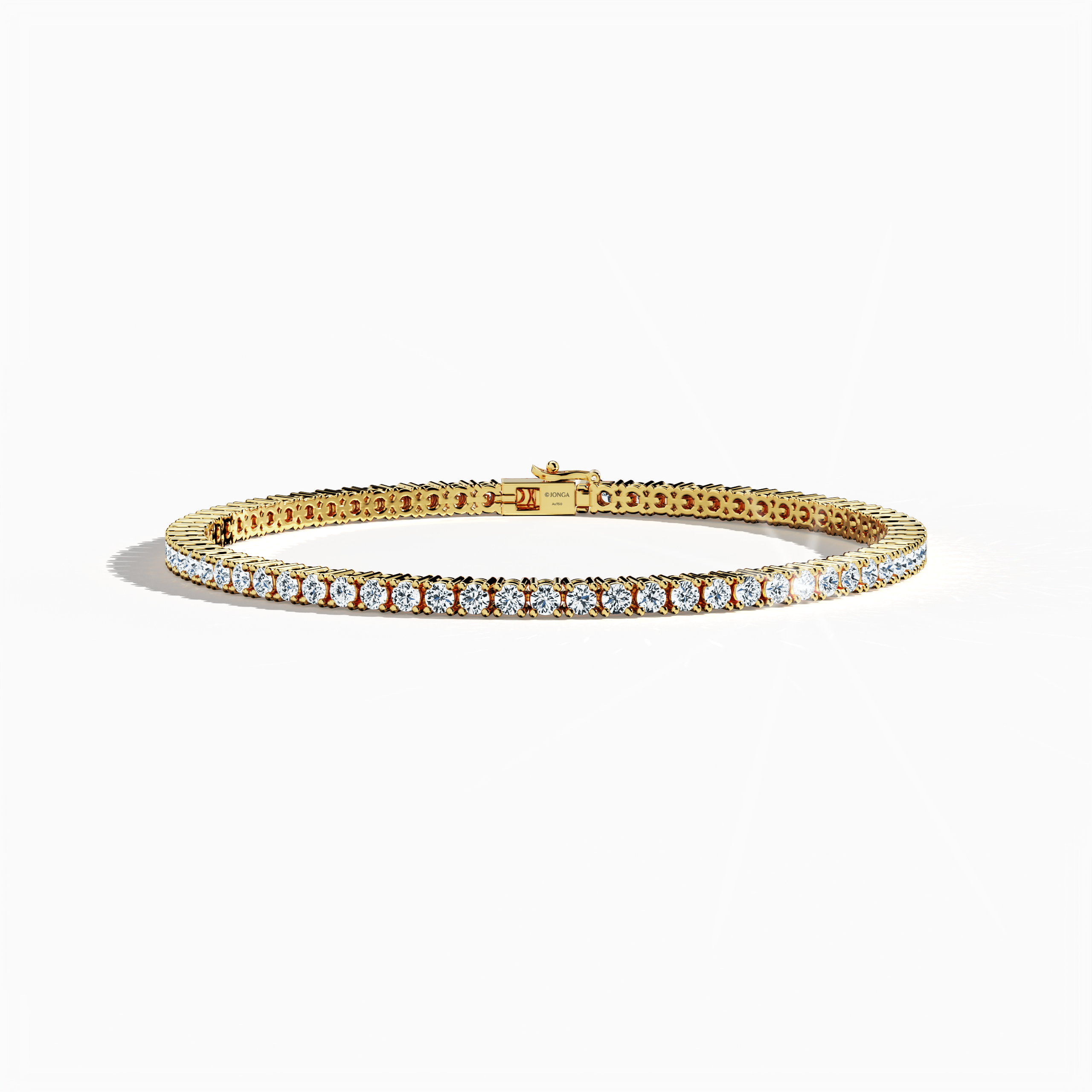 In a sleeping front top view, this 4 carat diamond tennis bracelet in жёлтое золото (alternatively known as classic gold or champagne gold) dazzles with a continuous band of prong-set round brilliant diamonds. Also described as a tennis bracelet, line bracelet, eternity bracelet, river bracelet, or inline bracelet, its meticulous four‐prong design magnifies the sparkle of each gem for a radiant look ideal for both festive occasions and refined daily wear. Keywords: diamond tennis bracelet, 4 carat.