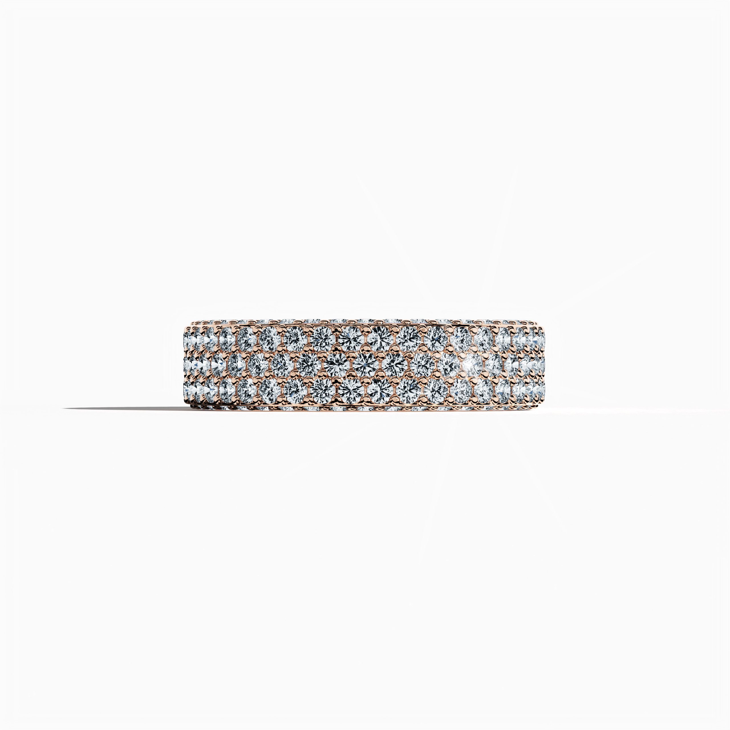 Discover the romantic allure of our розовое золото 5‑row diamond band, showcased in a serene sleeping front view. Adorned with up to 2.55 carats of micro diamonds, the band exudes a warm blush radiance and intricate detailing. Reflecting the elegance of 4‑row designs—Classic, Vintage, Contemporary, Modern, Minimalist, Ornate, Channel‑Set—its soft rose‑tinted finish and refined craftsmanship evoke a luxurious, globally inspired charm. Keywords: розовое золото, micro diamond, luxury, romantic, elegant.