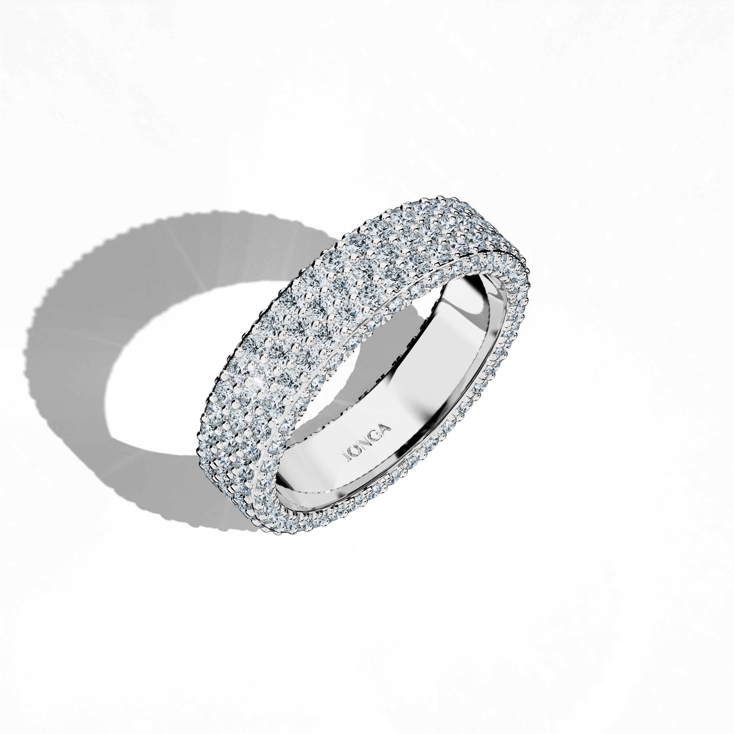 Admire the sophisticated elegance of our белое золото 5‑row diamond band in a standing front top side view. Exquisitely crafted with up to 2.55 carats of micro diamonds arranged in a harmonious pattern, the design nods to illustrious 4‑row styles—Classic, Vintage, Contemporary, Modern, Minimalist, Ornate, Channel‑Set. Its radiant, icy white finish and sterling luster epitomize refined luxury and contemporary charm. Keywords: белое золото, diamond band, luxury, elegant, refined.