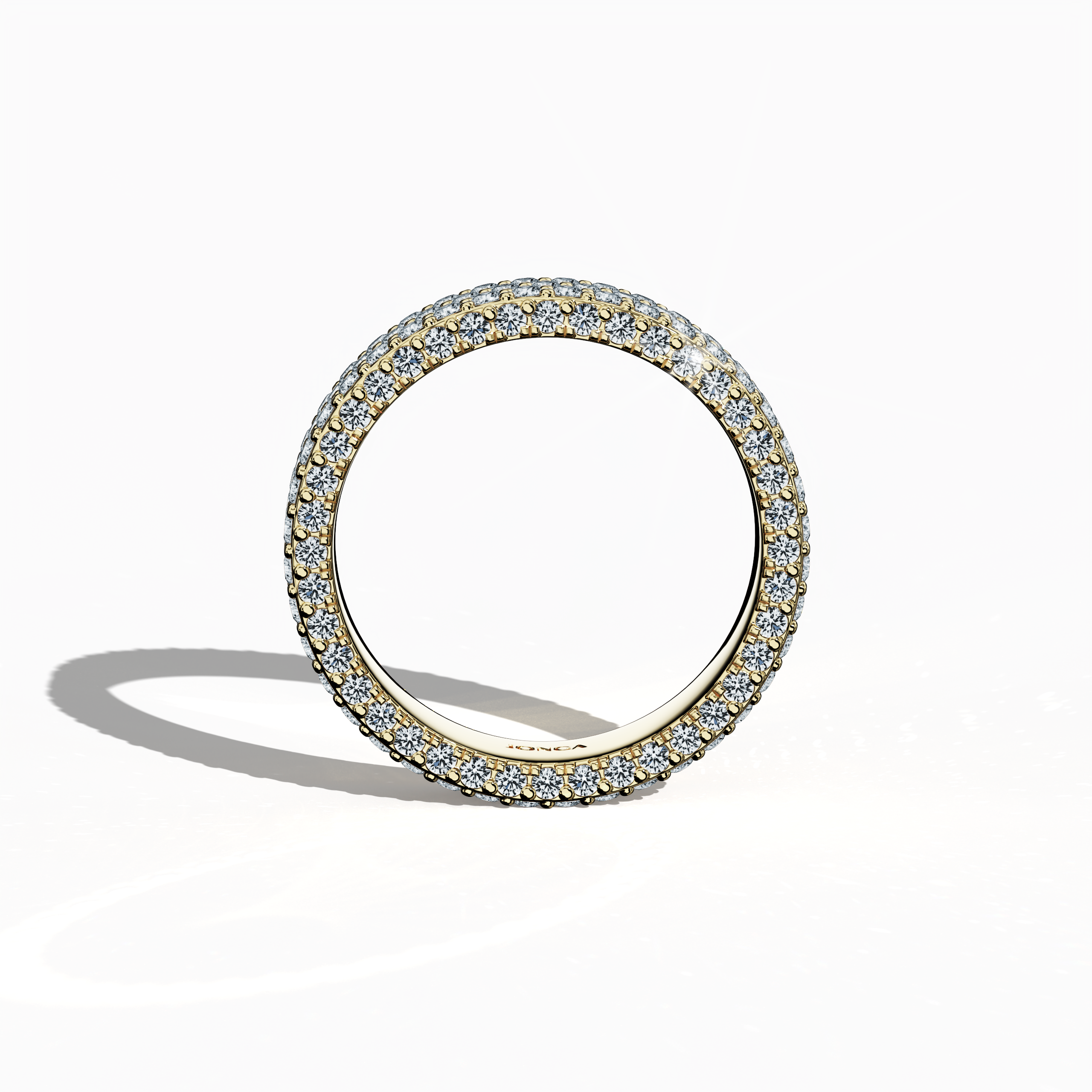 Admire the timeless elegance of our жёлтое золото 5‑row diamond band in a standing front view. With up to 2.55 carats of micro diamonds flawlessly set, the design emanates a warm, classic glow and intricate artistry. Drawing from revered 4‑row styles such as Classic, Vintage, Contemporary, Modern, Minimalist, Ornate, Channel‑Set, its vibrant golden finish and refined detailing capture a luxurious, globally influenced charm. Keywords: жёлтое золото, micro diamond, luxury, elegant, radiant.