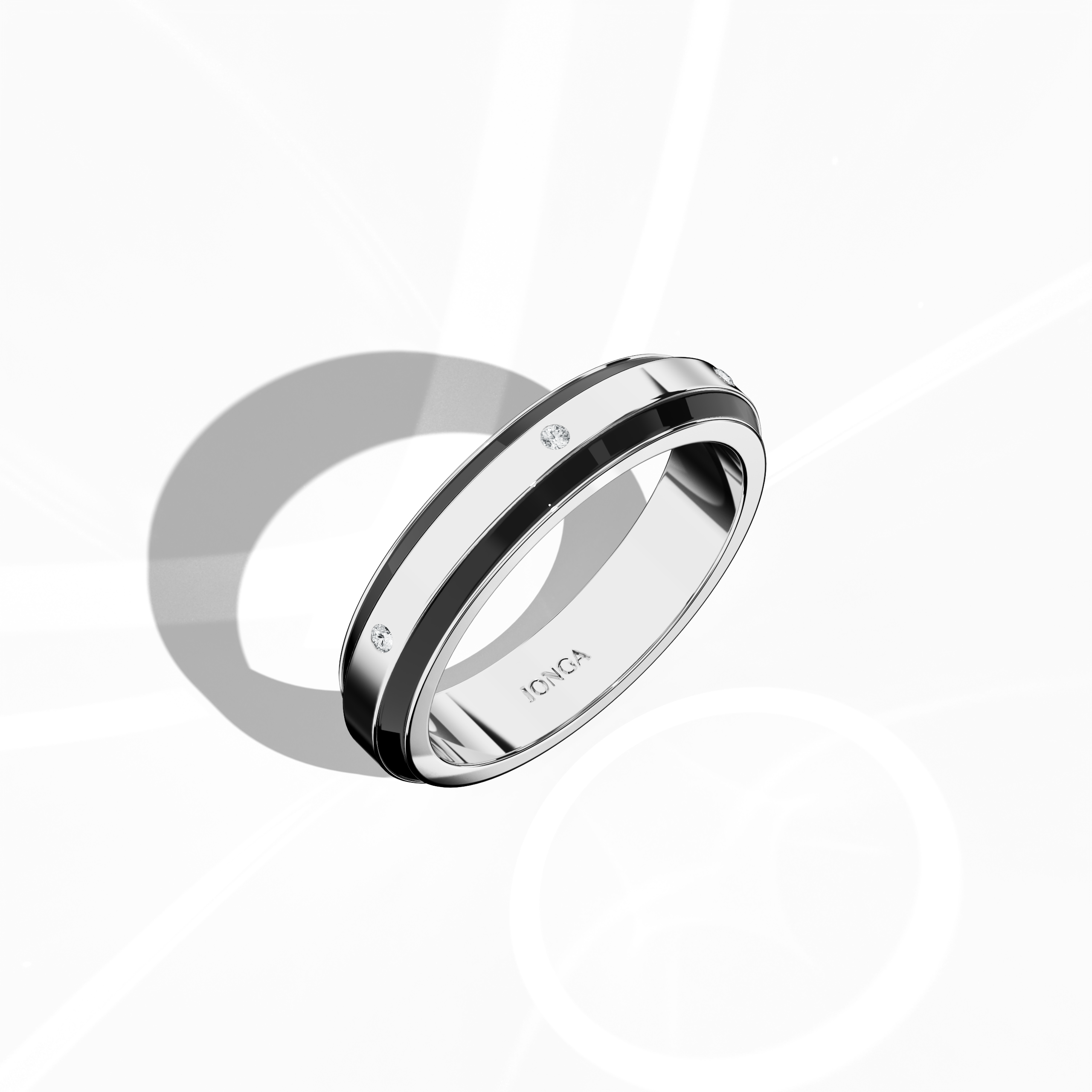 Presented in a standing front top side view, this refined six diamond enamel ring in brilliant white gold with bold black enamel showcases impeccable craftsmanship. The sleek band, adorned with a center line of six sparkling diamonds totaling up to 0.05 carat, is highlighted by a glossy finish that enhances its modern design. Recognized as Elegant Fusion, Modern Radiance, Timeless Chic, Luxe Harmony, Classic Splendor, and Contemporary Brilliance, this piece exudes timeless elegance. Keywords: artistic, luxu