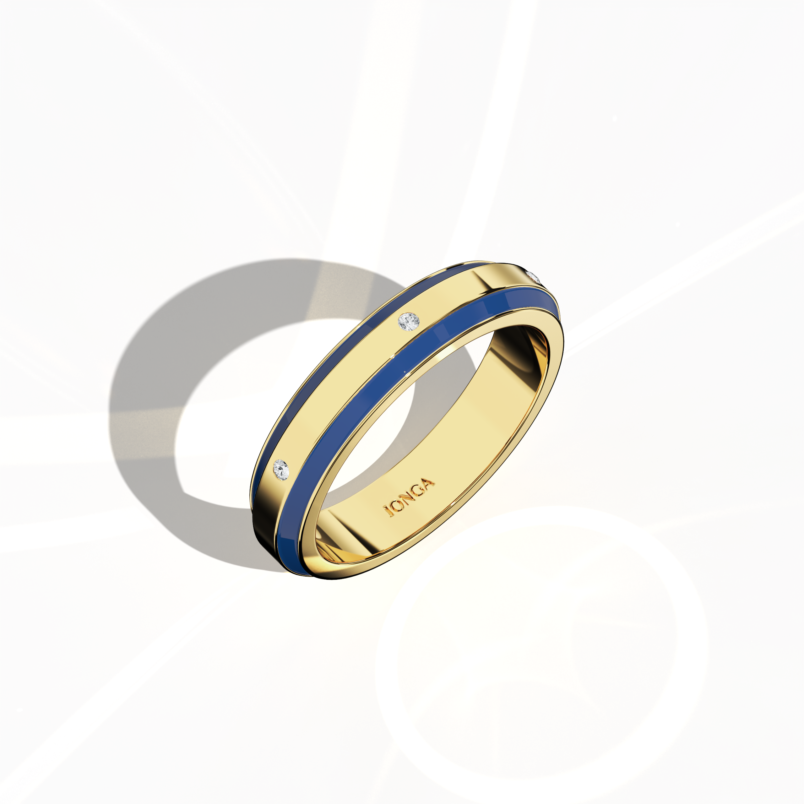 From a standing front top side view, this six diamond enamel ring in жёлтое золото with bold blue enamel reveals a streamlined band adorned with six carefully set diamonds (up to 0.05 carat). The high-gloss blue enamel and skilled craftsmanship blend modern aesthetics with classic luxury. Branded as Elegant Fusion, Modern Radiance, Timeless Chic, Luxe Harmony, Classic Splendor, and Contemporary Brilliance—and using gold terms aurum and oro—this ring radiates refined artistry. Keywords: sleek, vibrant, chic.