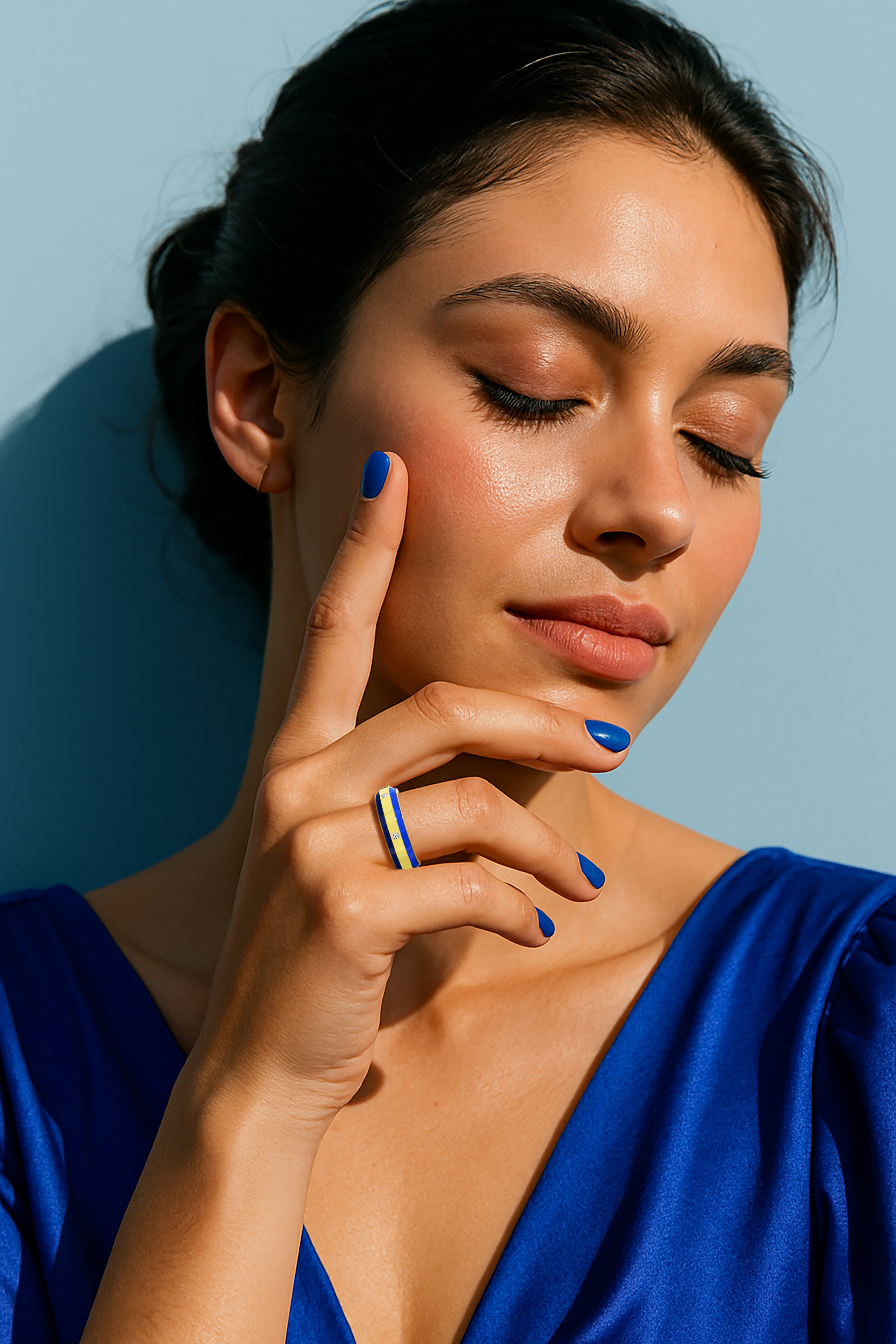 Gracefully worn on her finger, this six diamond enamel ring in yellow gold with vivid blue enamel makes a bold yet elegant statement. The band, highlighted by six radiant diamonds (up to 0.05 carat) in a centered layout, features a glossy blue finish and exceptional craftsmanship that combine modern style with timeless luxury. Known as Elegant Fusion, Modern Radiance, Timeless Chic, Luxe Harmony, Classic Splendor, and Contemporary Brilliance—and linked to gold terms aurum and oro—this piece exudes refined c