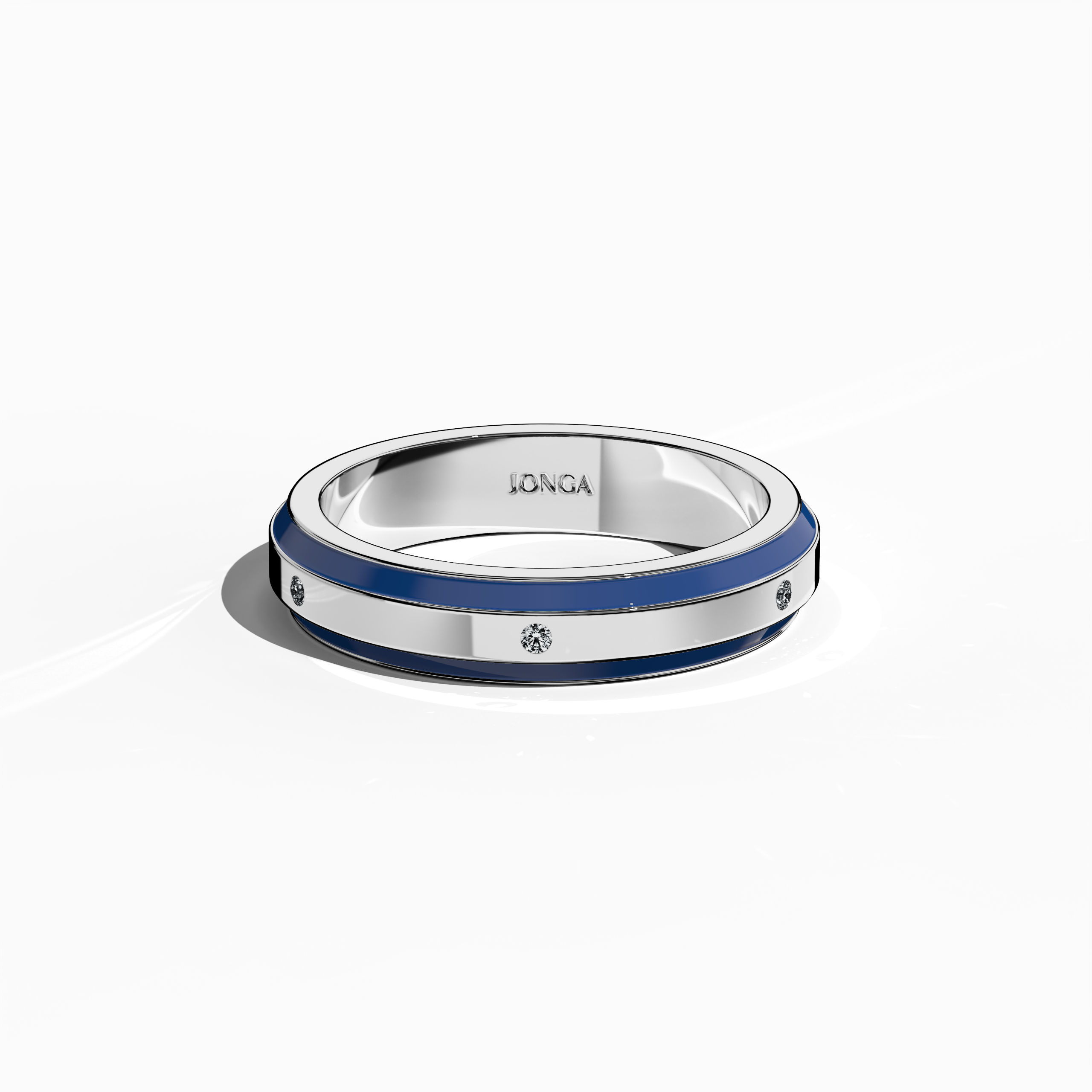 Shown from a sleeping front top angle, this stunning six diamond enamel ring in radiant белое золото with vivid blue enamel offers a harmonious blend of classic sophistication and contemporary style. Its sleek band, featuring six brilliant diamonds (up to 0.05 carat total) along the center line, is accentuated by a glossy finish that highlights the vibrant blue. Known as Elegant Fusion, Modern Radiance, Timeless Chic, Luxe Harmony, Classic Splendor, and Contemporary Brilliance, the design radiates glamour.