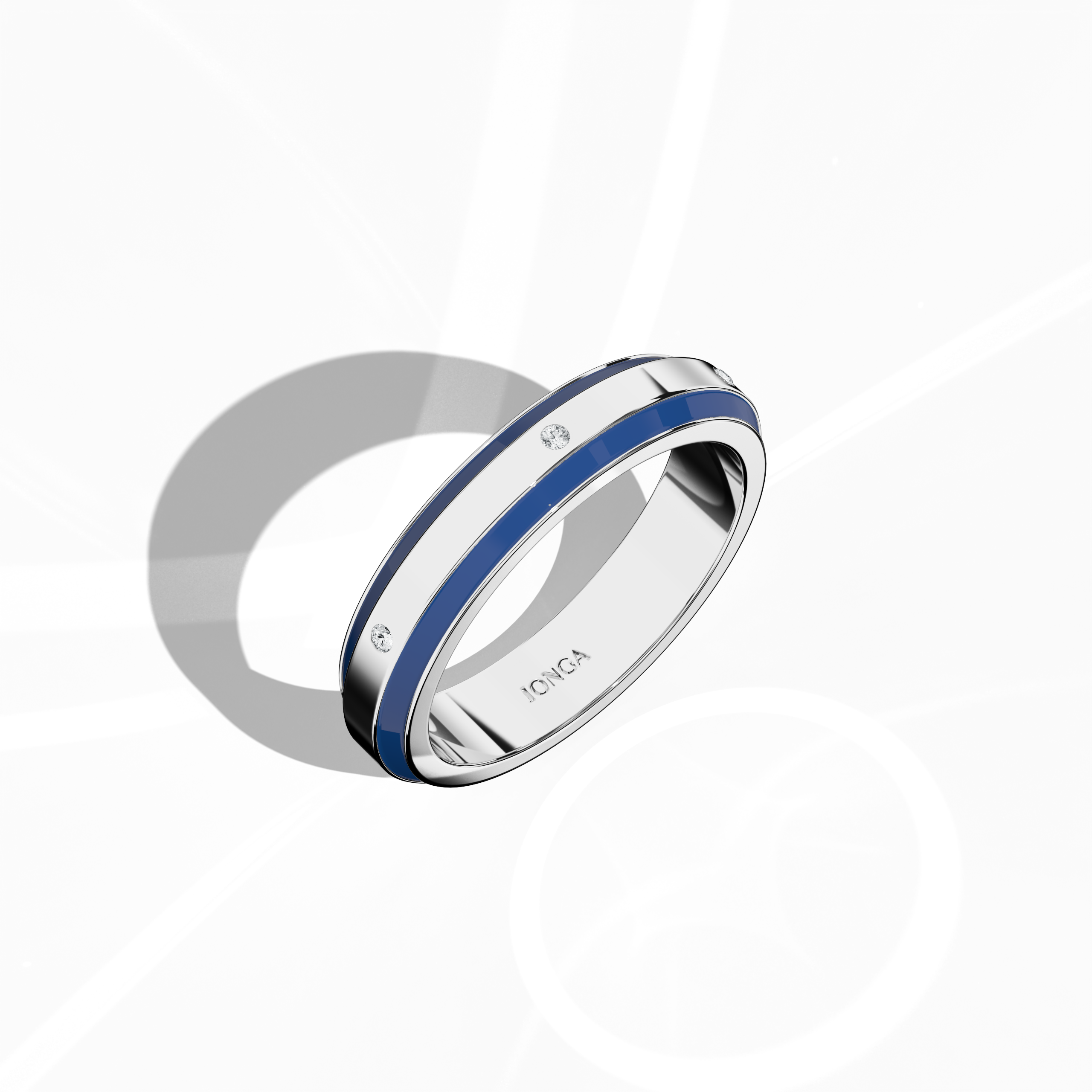 Displayed in a standing front top side view, this remarkable six diamond enamel ring in белое золото with a striking blue enamel finish merges modern flair with timeless elegance. The band, lined with six carefully set diamonds totaling up to 0.05 carat, is enhanced by a high-gloss enamel polish that emphasizes the dynamic blue hue. Under design names Elegant Fusion, Modern Radiance, Timeless Chic, Luxe Harmony, Classic Splendor, and Contemporary Brilliance, the ring exudes sophisticated luxury.