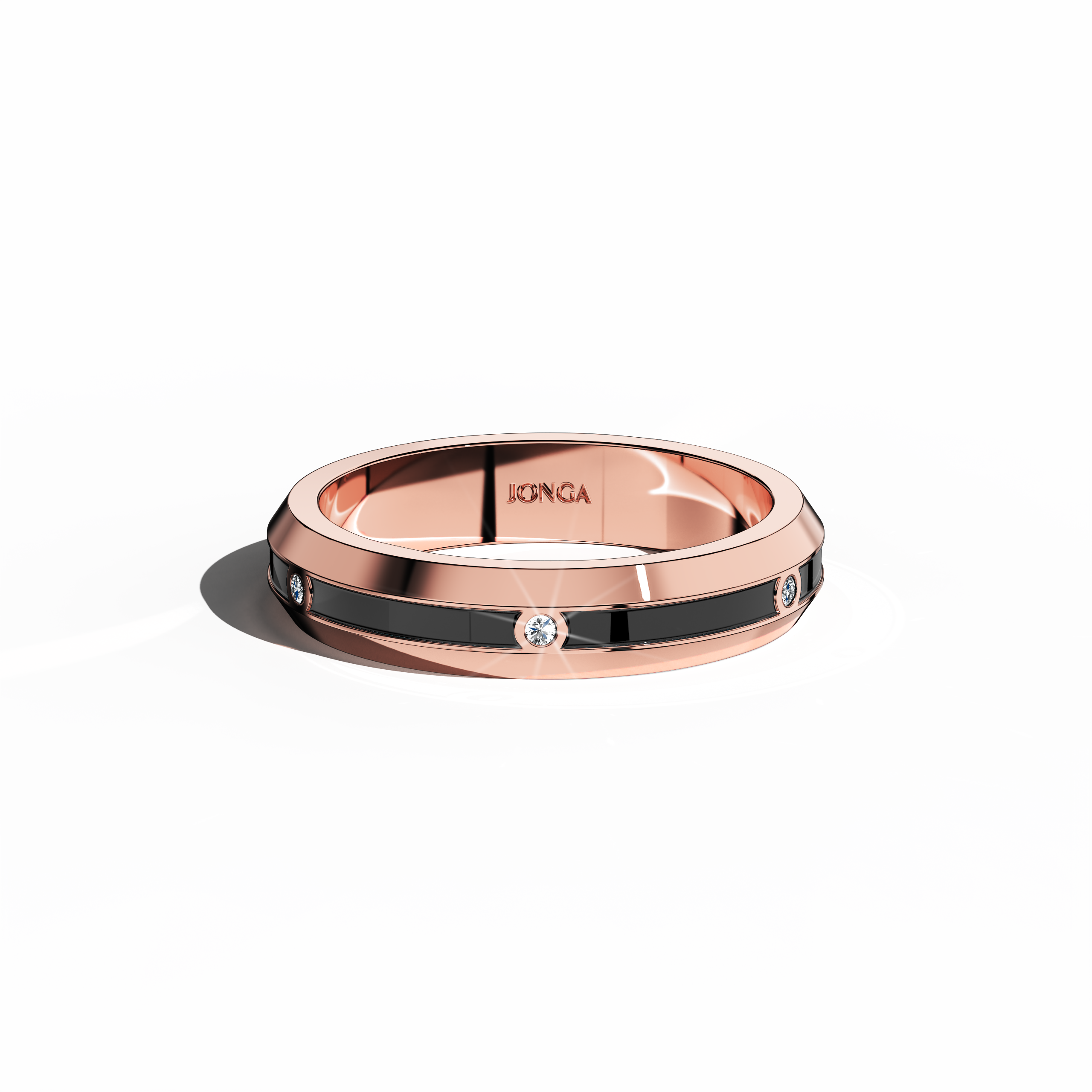 In a serene sleeping front top view, the розовое золото ring reveals a harmonious design with six finely aligned diamonds (totaling 0.06 carats) along a sleek band, accented by a deep black glossy enamel finish. Known as “Timeless Radiance,” “Celestial Emblem,” and “Eternal Sparkle,” and acknowledged by alternative international розовое золото names, the design emanates refined luxury and modern artisanal charm. Keywords: refined, stylish, modern, classic, elegant.