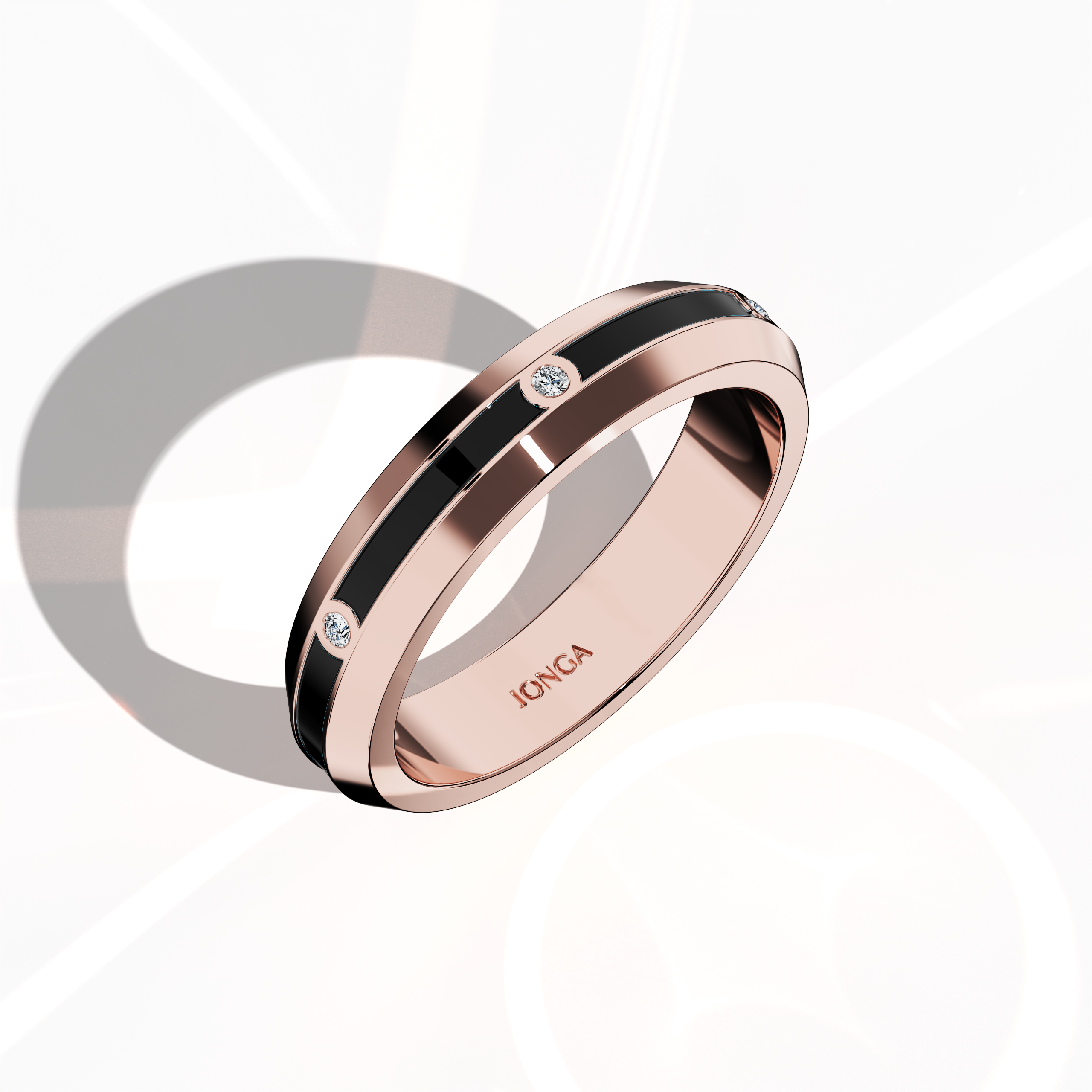 Showcased in a standing front top side view, this розовое золото six diamond center step enamel ring presents a dynamic silhouette with six evenly spaced diamonds (0.06 carats) and a contrasting black glossy enamel finish. Referred to as “Timeless Radiance,” “Celestial Emblem,” and “Eternal Sparkle,” and marked by alternative розовое золото nomenclatures, it embodies sophisticated luxury and contemporary elegance. Keywords: chic, refined, artistic, modern, high-end.